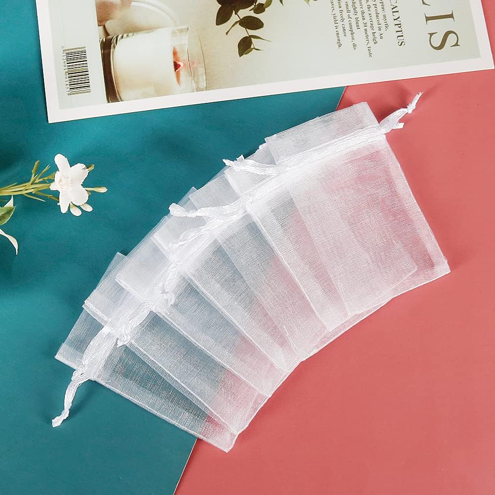 YQL Mini Organza Bags,100PCS 2x3 Inch White Organza Jewelry Pouches, Mini Mesh Drawstring Bags for Wedding Party Christmas Gift Candy