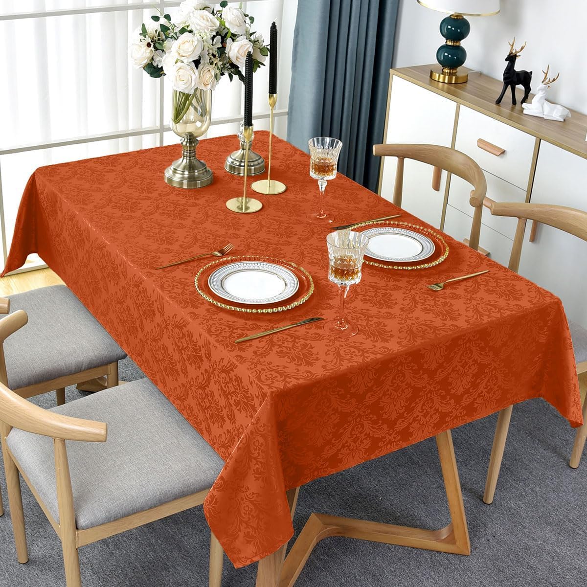Jacquard Tablecloth Rectangle 60 x 120 Inch, Spill Proof Wrinkle Free Damask Autumn Table Cloth, Reusable Fabric Table Cover for Fall, Thanksgiving, Harvest, Holiday, Rusty/Orange