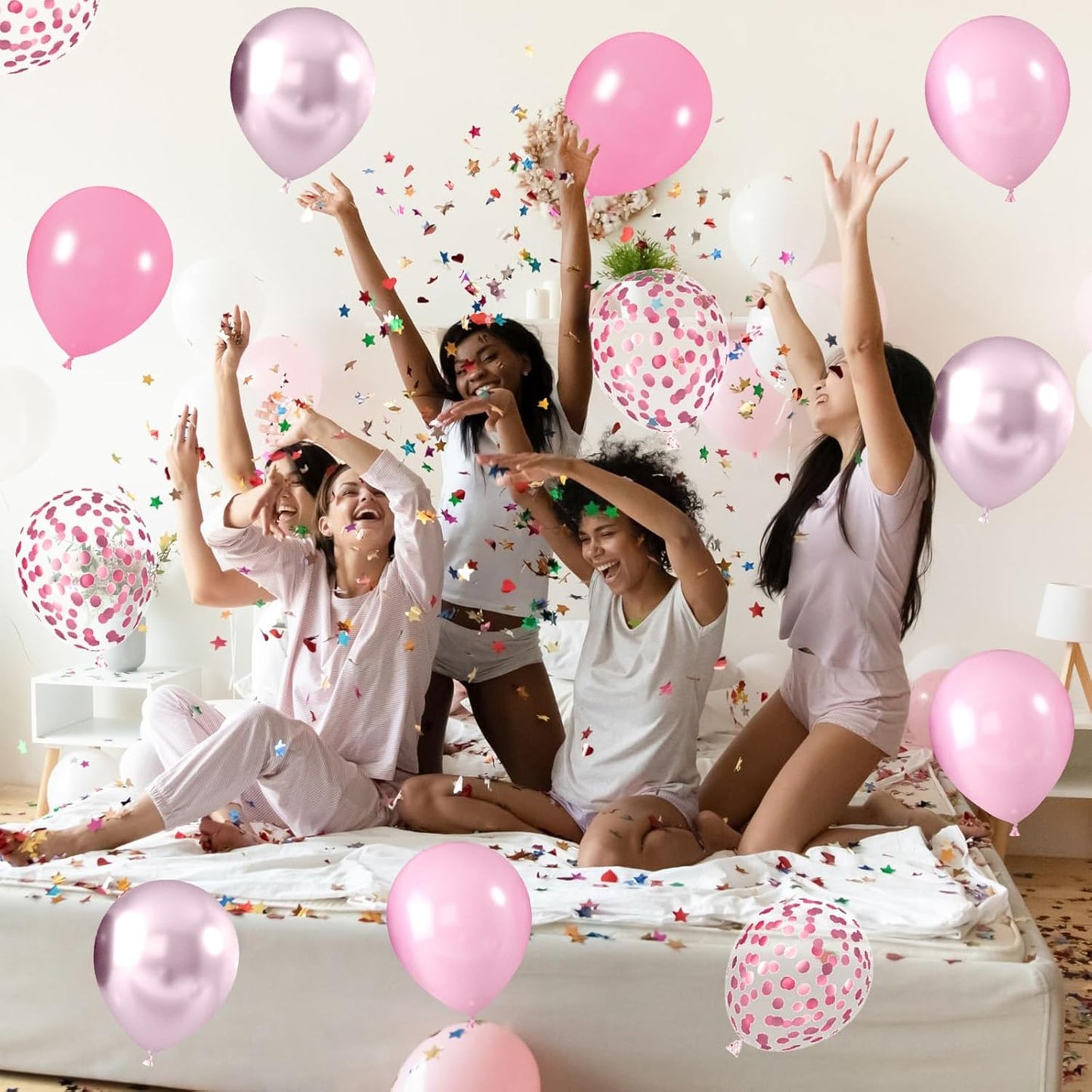 Metallic Chrome Pink 52 PCS 12 Inch Latex Balloons with Pink Confetti - Cherry Blossom, Pearl, Maca for Girl Women Birthday, Wedding, Baby Shower, Party Decorations