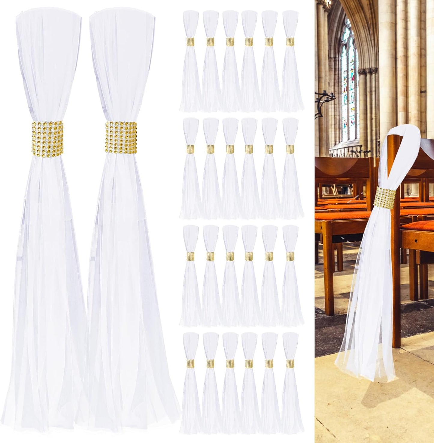 Large White Pew Bows Tulle Wedding Aisle Chair Decorations, Extended Church Pew Decor Aisle Flowers Runner for Weddings Ceremony Outside Decorations (26, Gold Wrap)
