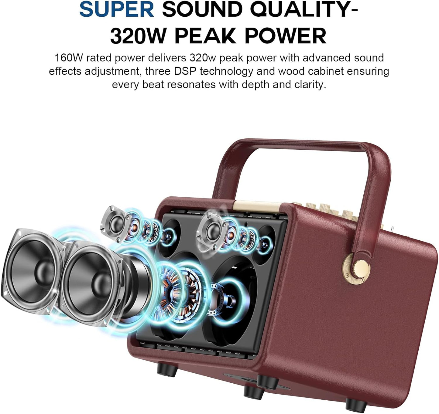 320W Peak Power Karaoke Machine with Rich Deep Bass for Adults Portable Bluetooth Singing PA Speaker System Bass/Treble Adjustment with 2 UHF Wireless Microphones for Home Party Wedding Outdoor