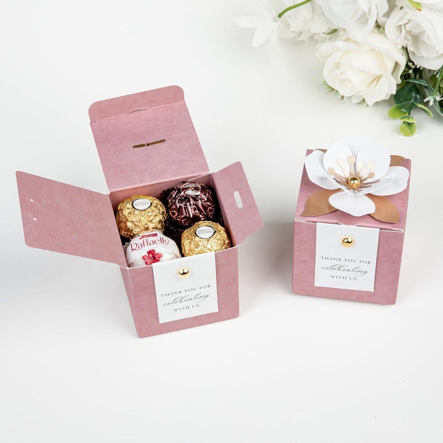 FEIYI 20 PCS Candy Boxes, 3 In 1Dusty Rose Favor Boxes with Floral Decor, White Thank You Tags Gift wrapping for Wedding Birthday Baby Shower Decorations Party -2.55x2.55x2.55''
