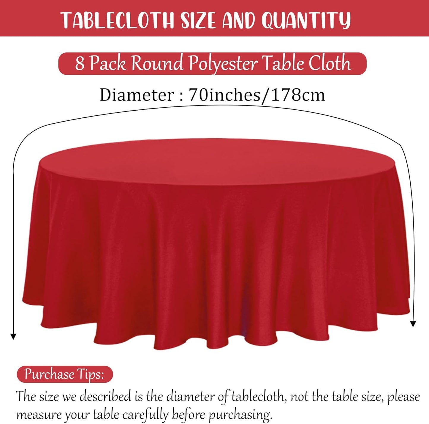 8 Pack Round Tablecloth 70 Inch Red Round Table Covers Bulk Washable Polyester Fabric Table Clothes for Wedding Party Reception Banquet Buffet Restaurant (Red, 70 Inch)