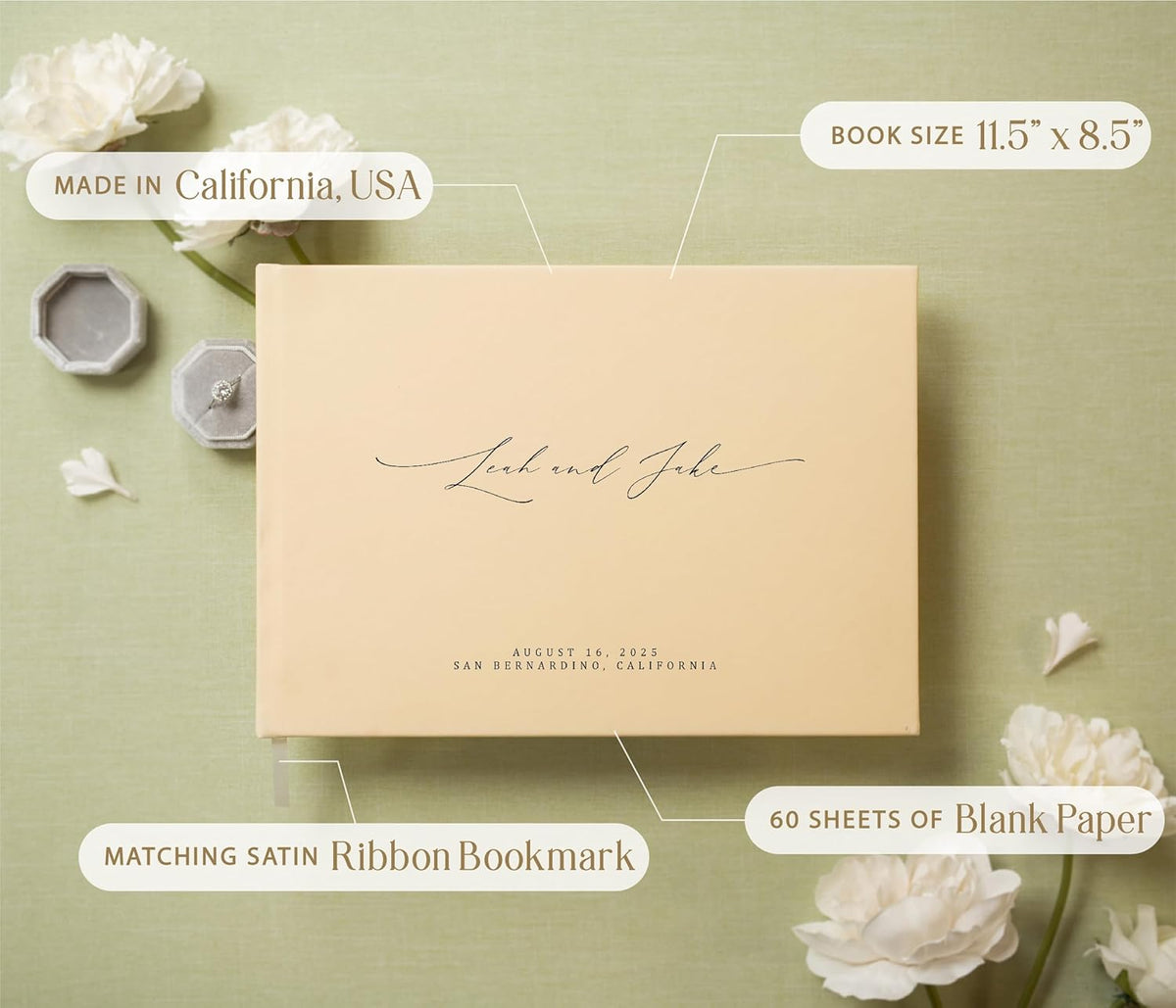 MUUJEE Personalized Guestbook in Butter - Premium Custom Modern Guest Book for Wedding Reception, Birthday Party or Events w/Bookmark Blank Pages for Signing 11.5 x 8.5 inches
