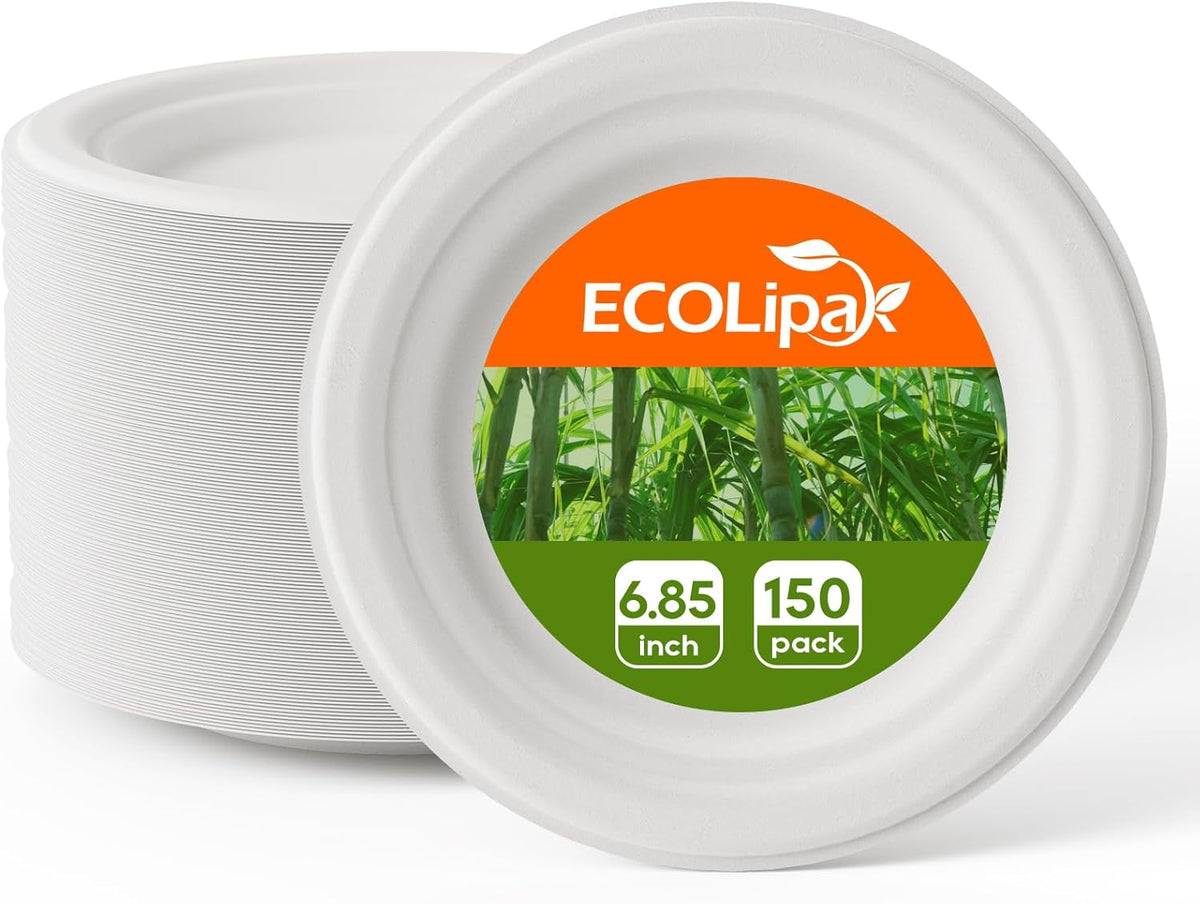 ECOLipak 6.85 Inch Compostable Dessert Paper Plates, 150 Pack Disposable Biodegradable Heavy Duty Eco-friendly Sugarcane Bagasse Halloween Plates for Party
