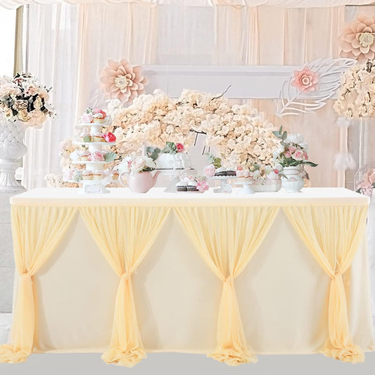 14ft Champagne Table Skirt Tulle Wedding Table Cloth Elegant Tutu Table Skirt Cover for Birthday Party Baby Shower Dessert Buffet Banquet Table Decorations