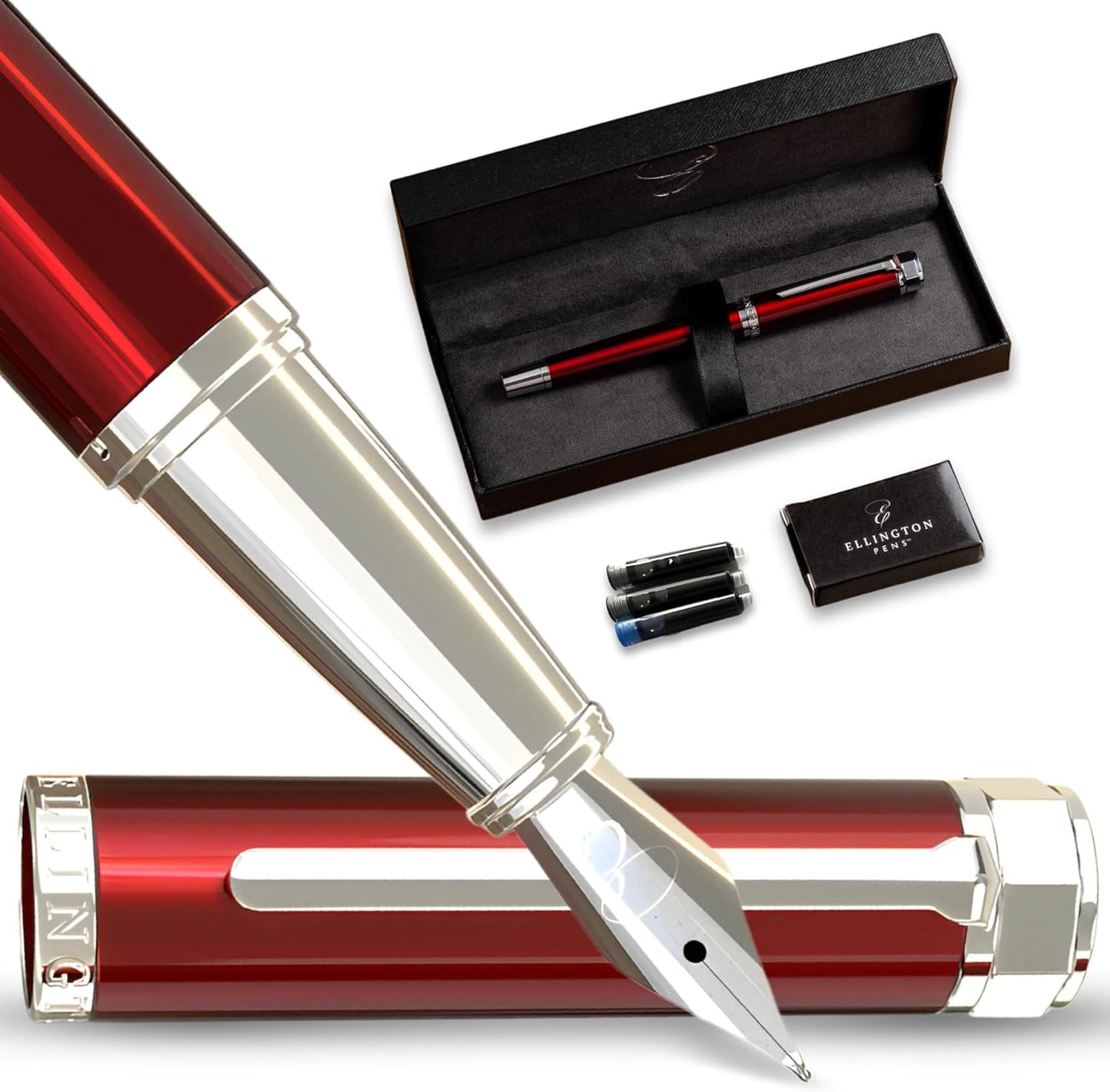 Ellington Pens Luxury Fountain Pen Set- Fountain Pens for Writing - Smooth Fine Nib - Includes Refillable Ink Converter, 3 Ink Cartridges [Black & Blue], Gift Box - Elegant Calligraphy