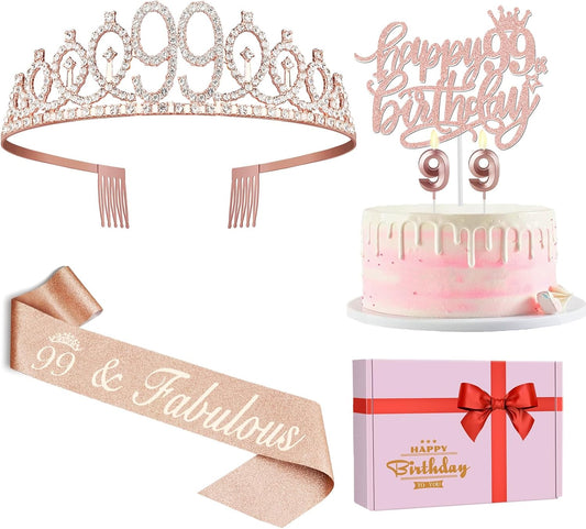 99th Birthday Decorations for Women Including Birthday Sash and Tiara, Candles and Cake Topper, Gifts for 99 Year Old Woman, Rose Gold Party Decor Supplies