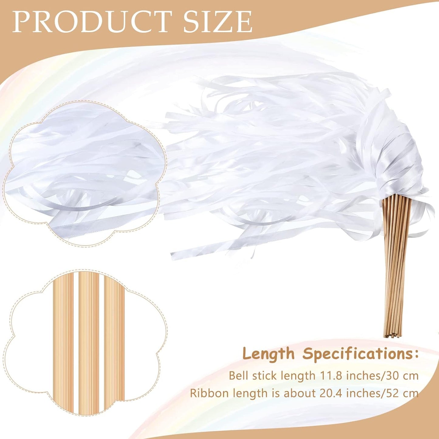 Boao 40 Pieces Mixed Color Ribbon Sticks with Bell, Ribbon Sticks for Stick Party, Streamers for Wedding Birthday Party Celebration Baby Shower Favors(White)