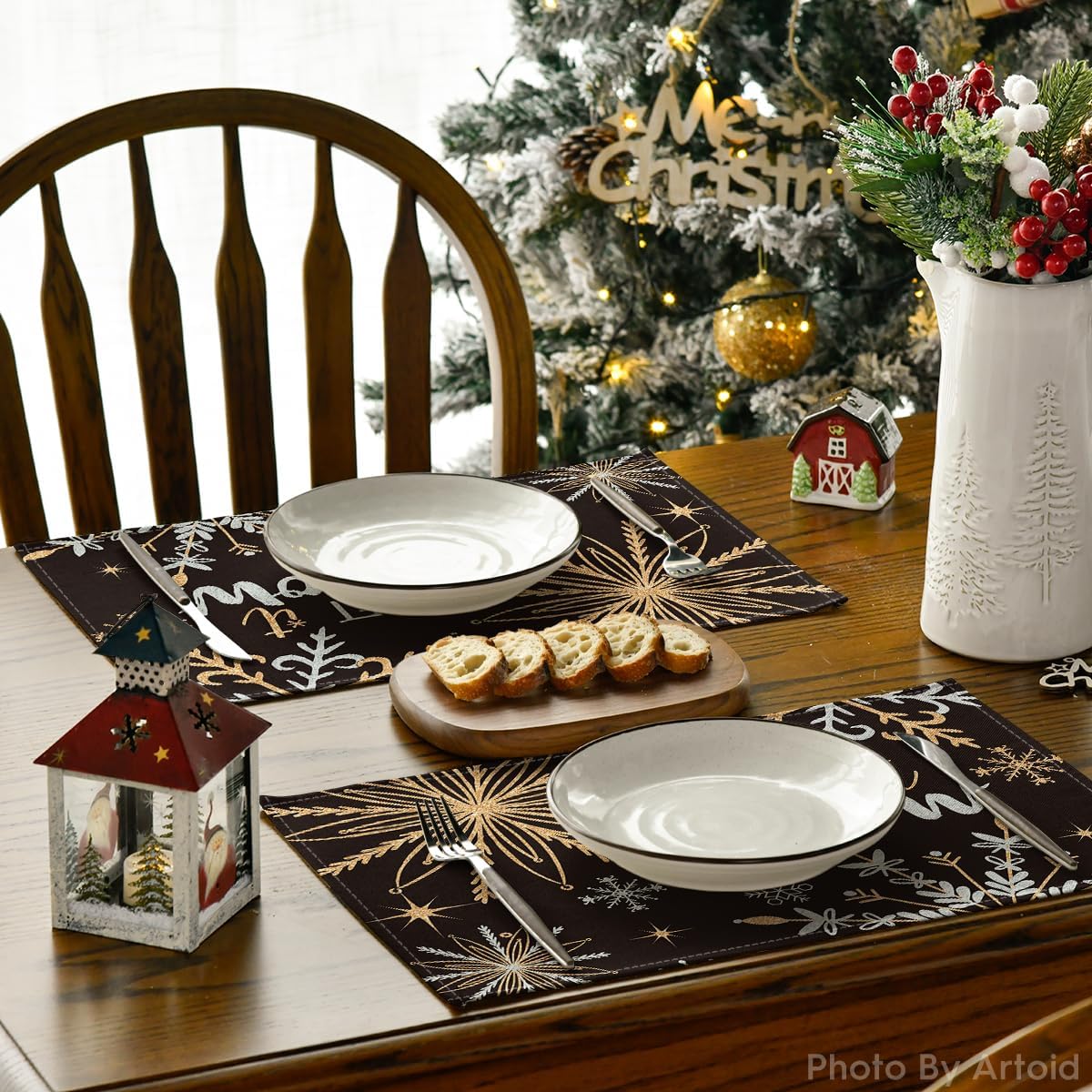 Artoid Mode Black Snowflake Let It Snow Winter Placemats Set of 6, 12x18 Inch Seasonal Christmas Table Mats for Party Kitchen Dining Decoration