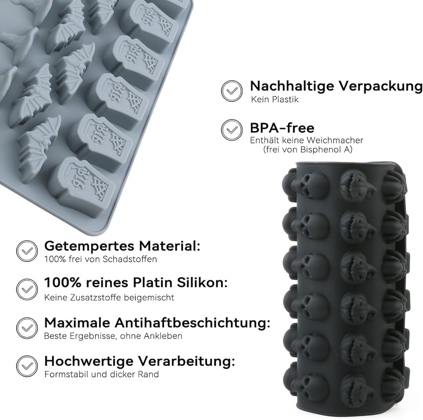 (2 Pack) Silicone Halloween Molds, 96-Cavity Pumpkin Ghost Wizard Hat Bat Spider Tombstone Skull Halloween Silicone Gummy Molds For Chocolate, Fondant, Cupcake Decoration, Biscut - Black&Gray