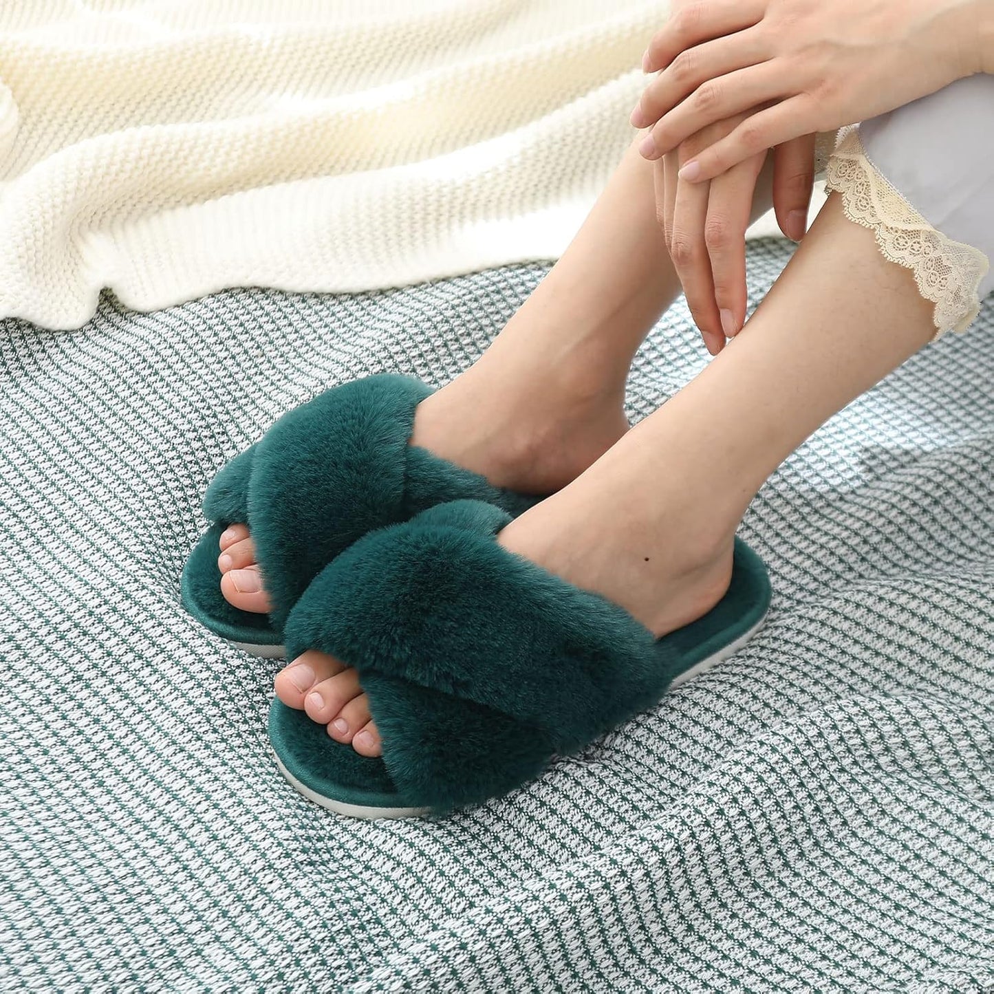 Evshine Women's Fuzzy Slippers Cross Band Memory Foam House Slippers Open Toe