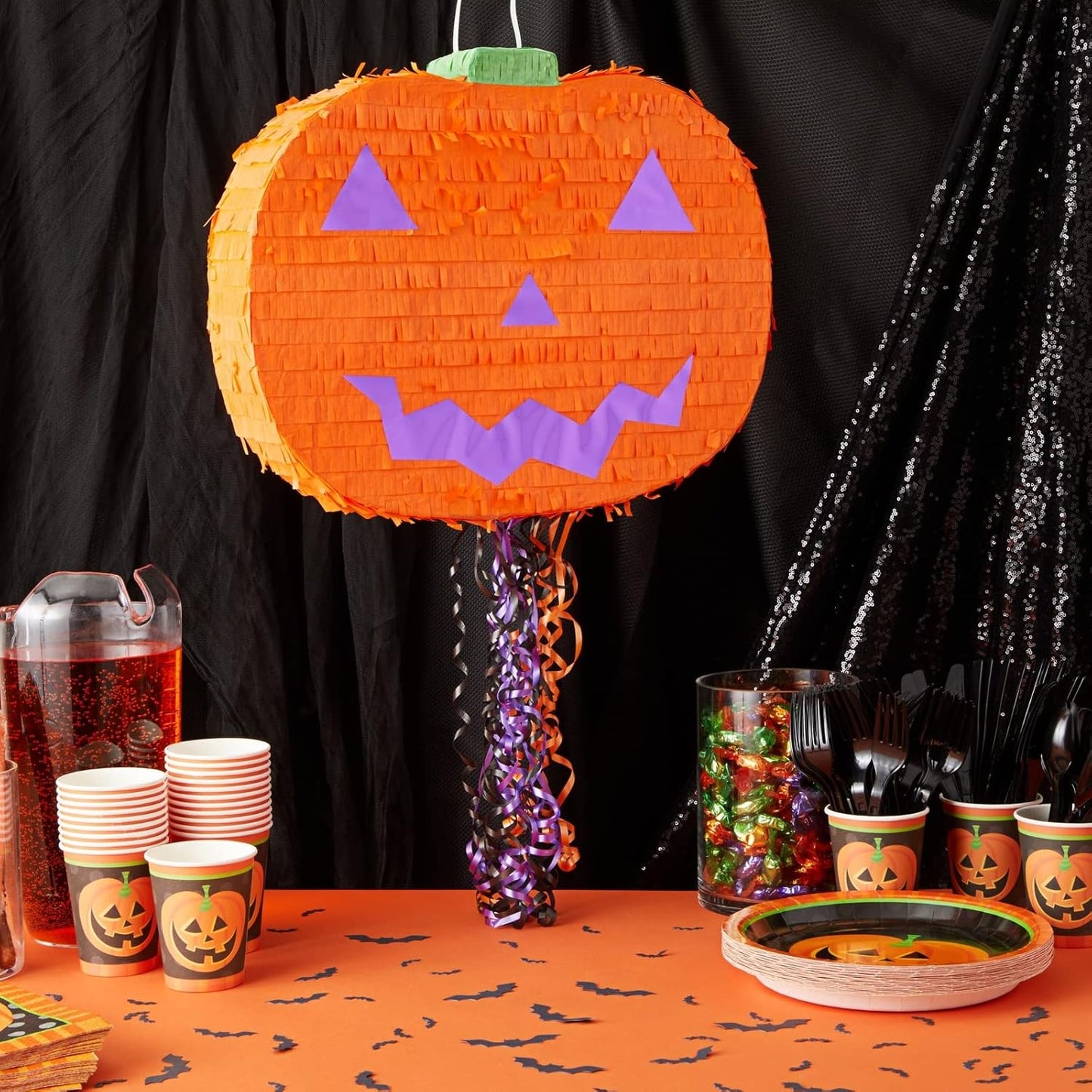 Halloween Pinata Jack-O-Lantern Pumpkin - 17 x 13 x 3 in, Orange, Corrugated Paper - 3 Pull Strings for Candy Favors & Easy Fill & Hang - Pumpkin Piñatas - Halloween Party Supplies