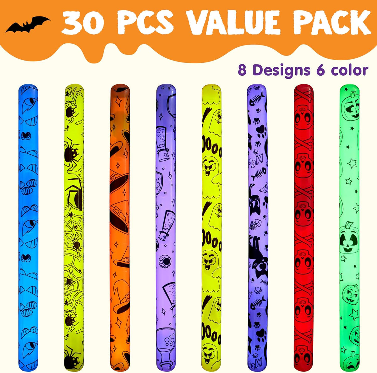 JOYIN 30 Pcs Halloween Glow Sticks Bulk Party Pack, Hanging Wands in 8 Design, 6 Color Light Up Stick for Kid Glow in The Dark Halloween Party Favor Supplies, Goodie Bag Filler, Trick or Treating Gift