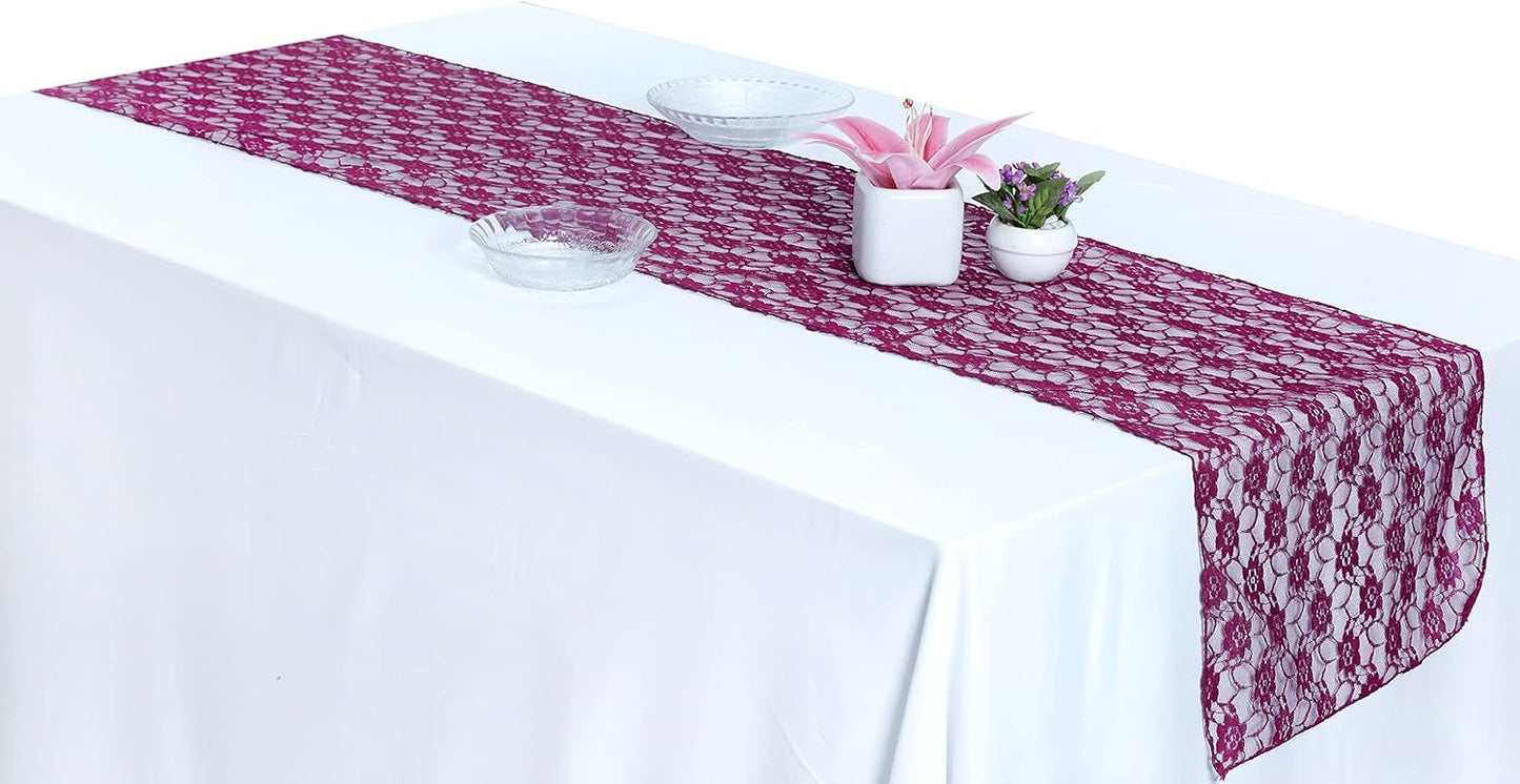 MDS Pack of 20 Wedding 12 x 108 inches Lace Table Runner for Wedding, Decorations for Birthday Parties, Banquets, Graduations, Engagements, and Runners fit Rectangle, Round Table- Eggplant