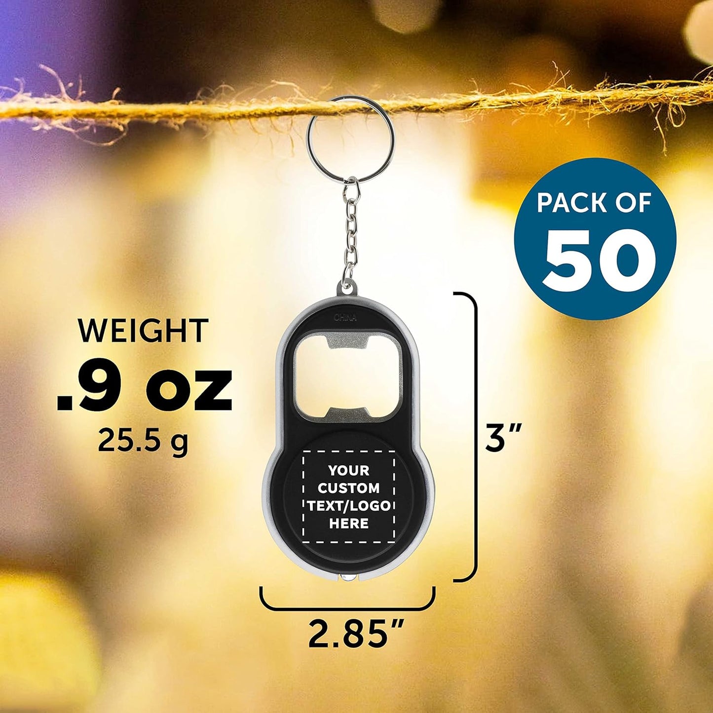 DISCOUNT PROMOS Custom Bottle Opener & LED Keychains Set of 50, Personalized Bulk Pack - Perfect for Tradeshows, Party Favors, Other Events - Black