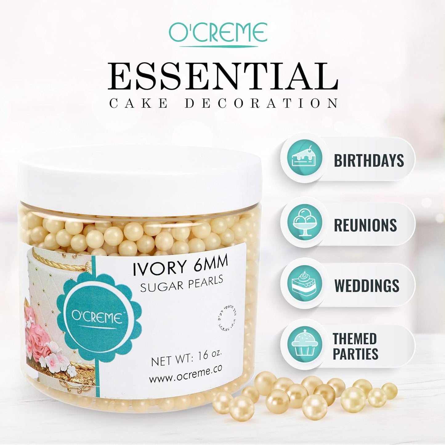 O'Creme Ivory Edible Sugar Pearls Cake Decorating Supplies for Bakers: Cookie, Cupcake & Icing Toppings, Beads Sprinkles For Baking, Certified, Candy Sugar Ball Accents (12mm, 16 Oz)