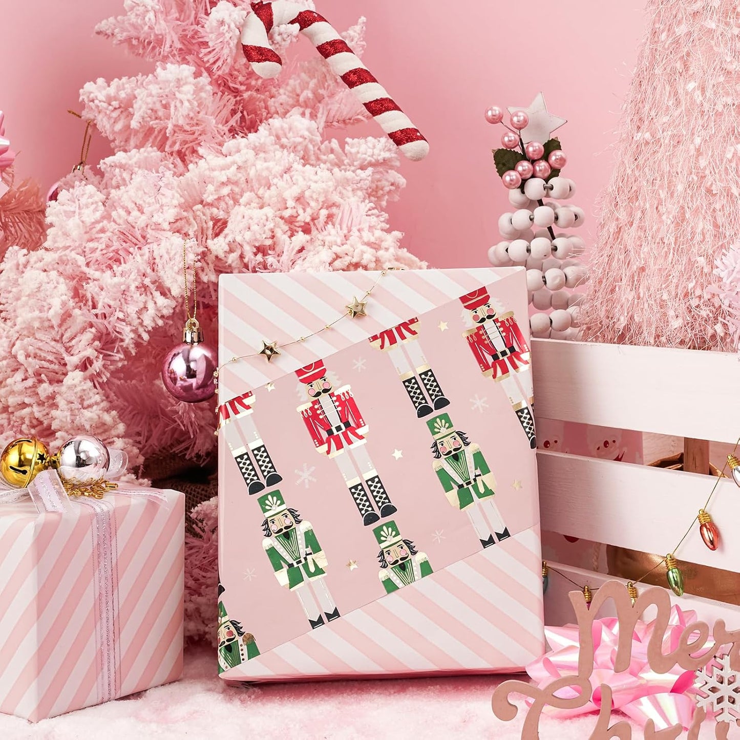 LeZakaa Christmas Pink Wrapping Paper Mini Roll for Kids, Pink Metallic Foil Gift Wrap Paper with Red & Green Nutcracker Soldier & Stripe Reversible Design, 17 inches x 32.8 Feet