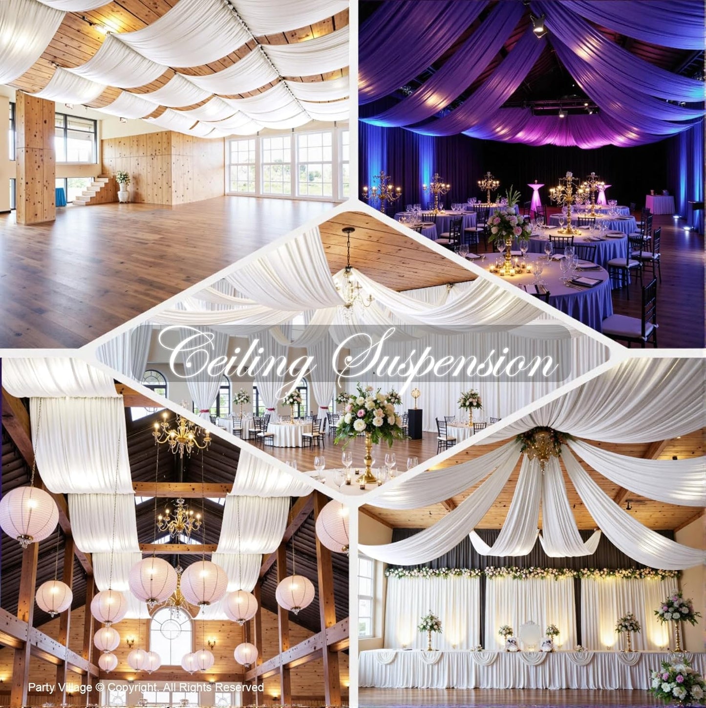 PartyVillage 12 Panels 5ftx30ft White Ceiling Drapes for Wedding Parties – 30 FT Extra Long Thick Polyester Wrinkle-Free Drapery Tent Decor Decorations for Birthday Party Ceremony Stage Swag