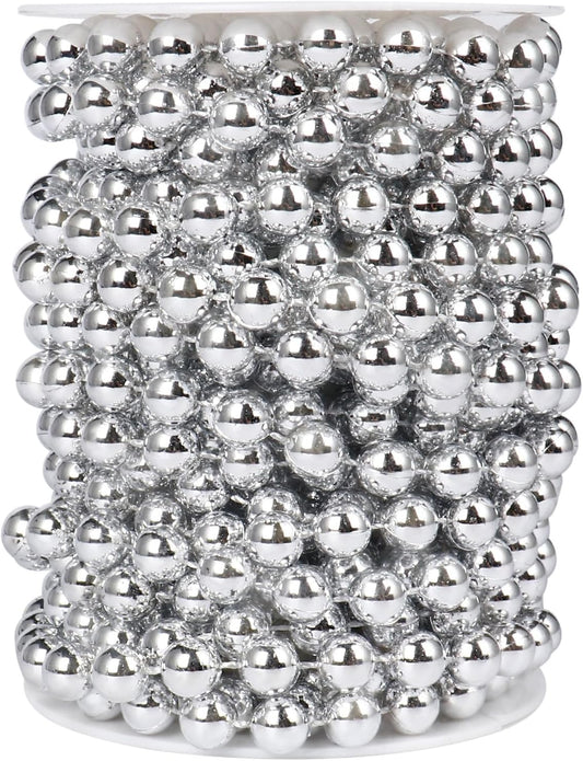 [33 Feet] Silver Pearl Beads Garland, 10MM 11 Yards Silver Faux Pearl Beads String Roll Bulk for DIY Craft Christmas Tree Wedding Party Decoration