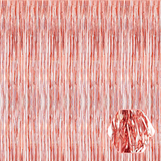 3 Pack Rose Gold Foil Fringe Curtain Backdrop, 3.28Ft x 8.2Ft Metallic Tinsel Foil Fringe Streamer Curtains for Photo Booth, Christmas Day, Thanksgiving, Wedding, New Year Party Decorations