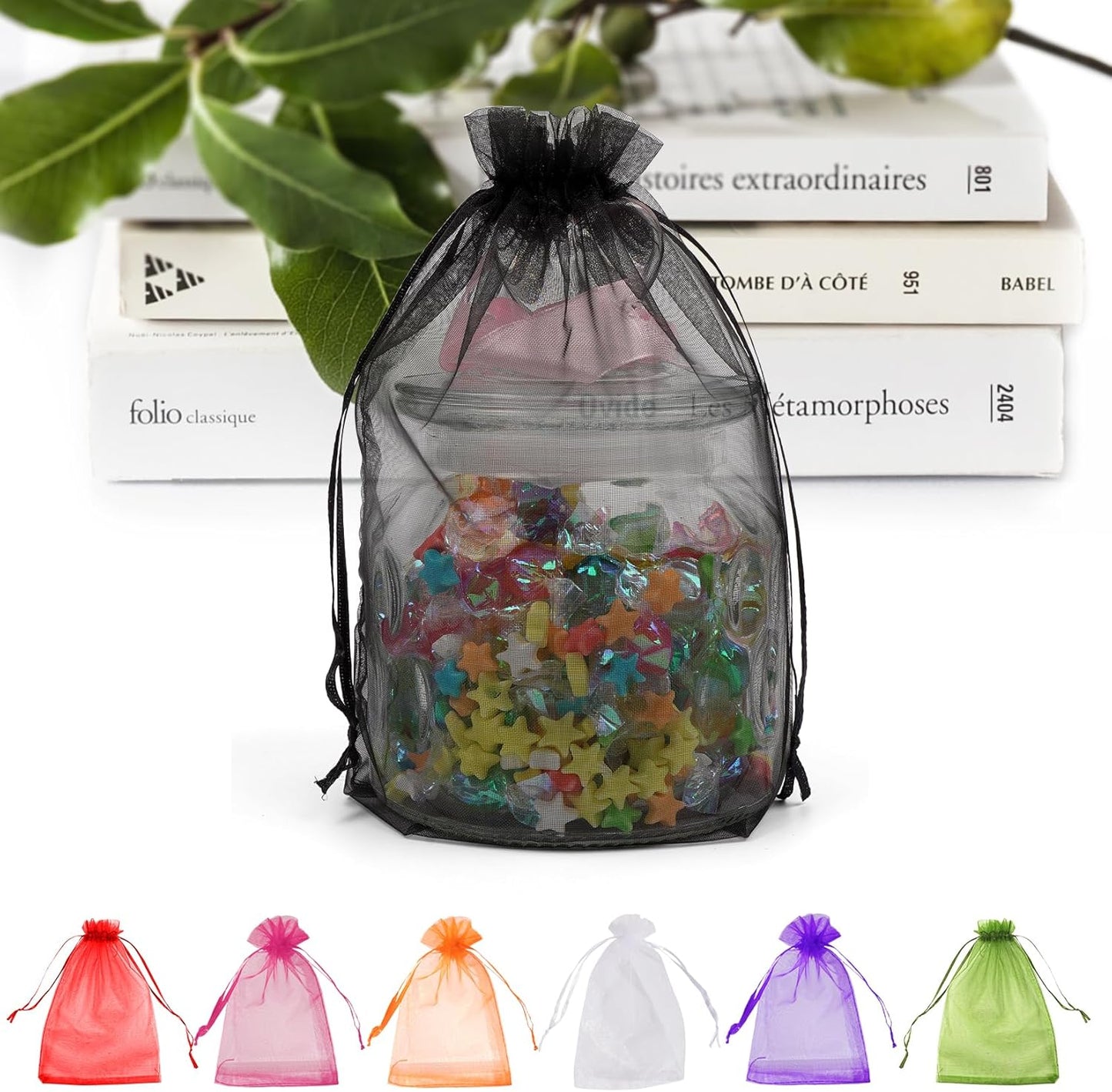 ANZNKU 100 Pack Premium Sheer Organza Bags 6x9 inches Mesh Gift Bags Drawstring for Halloween, Wedding, Festival, Makeup, Party Favor(Black)