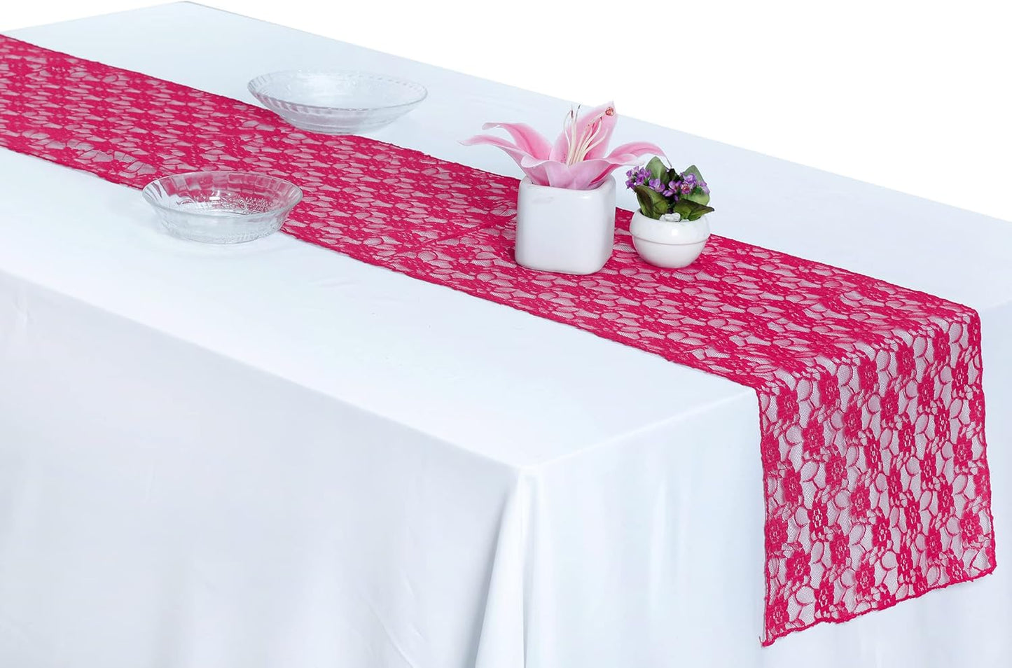 MDS Pack of 5 Wedding 12 x 108 inches Lace Table Runner for Wedding, Decorations for Birthday Parties, Banquets, Graduations, Engagements, and Runners fit Rectangle, Round Table- Magenat