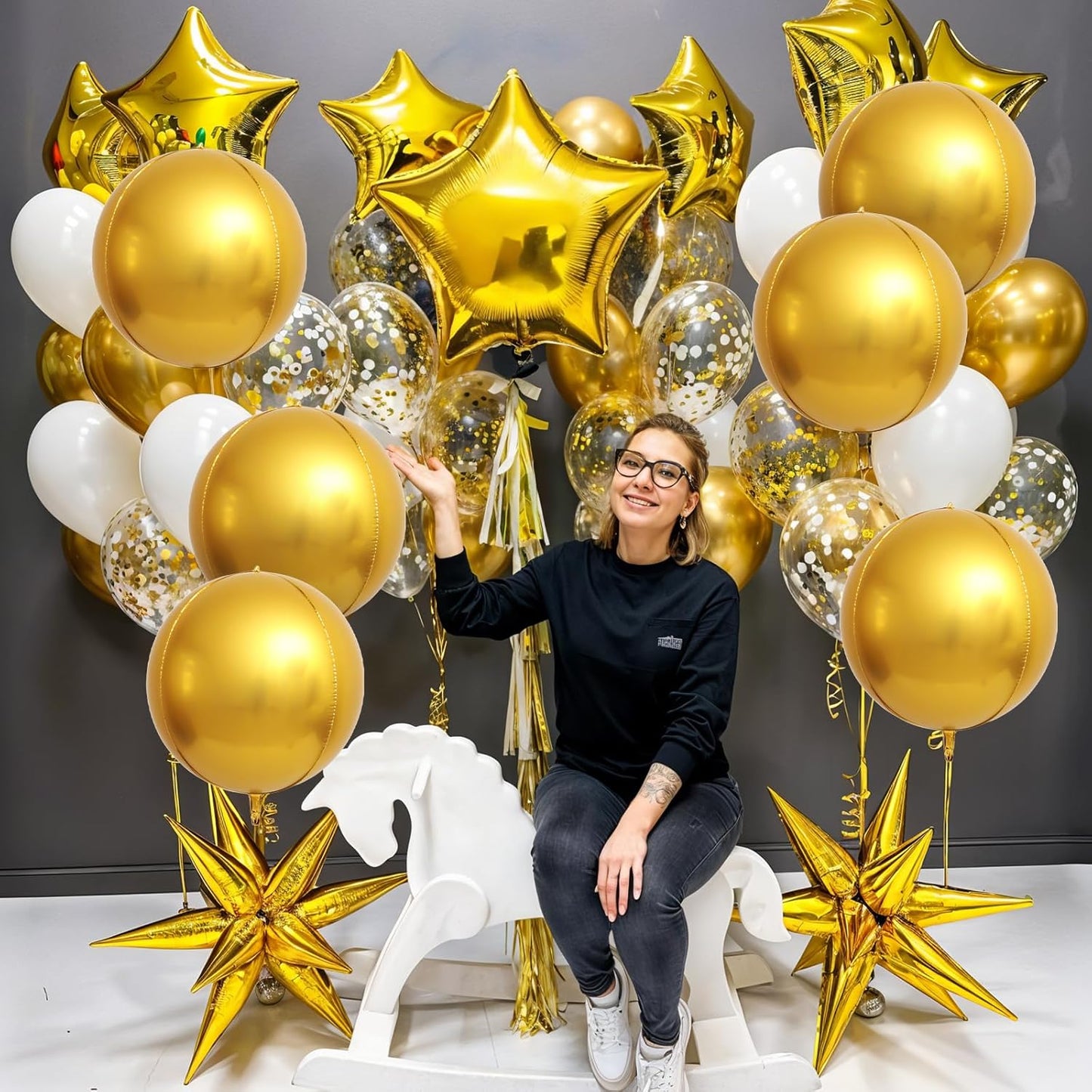 6Pcs Gold Round Foil Balloons,Giant 4D Round Ball Balloons 22 Inch for Birthday Wedding Graduation Prom Party Decorations