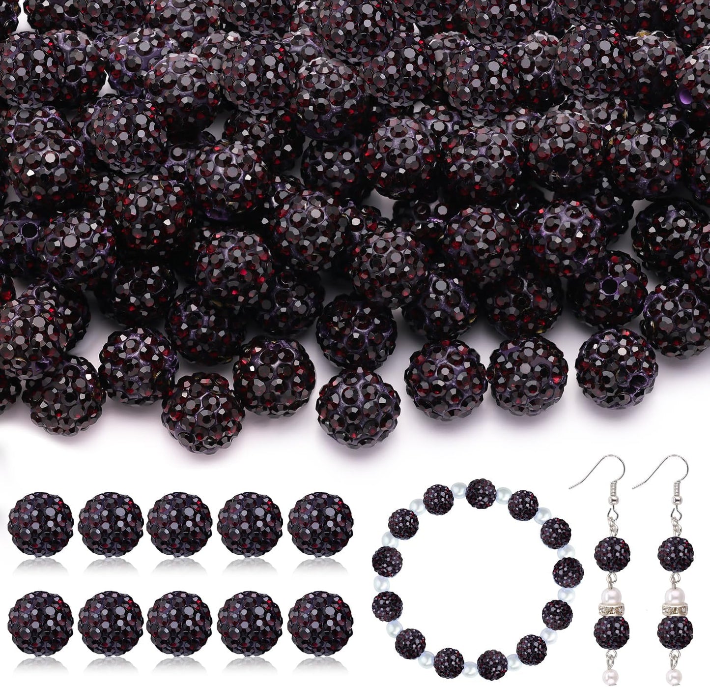 200pcs 10mm Rhinestone Beads for Jewelry Making, Dark Purple Shiny Round Disco Ball Beads Bulk, Sparkle Crystal Clay Christmas for Bracelet Baseball Necklace Earring Crafting and DIY