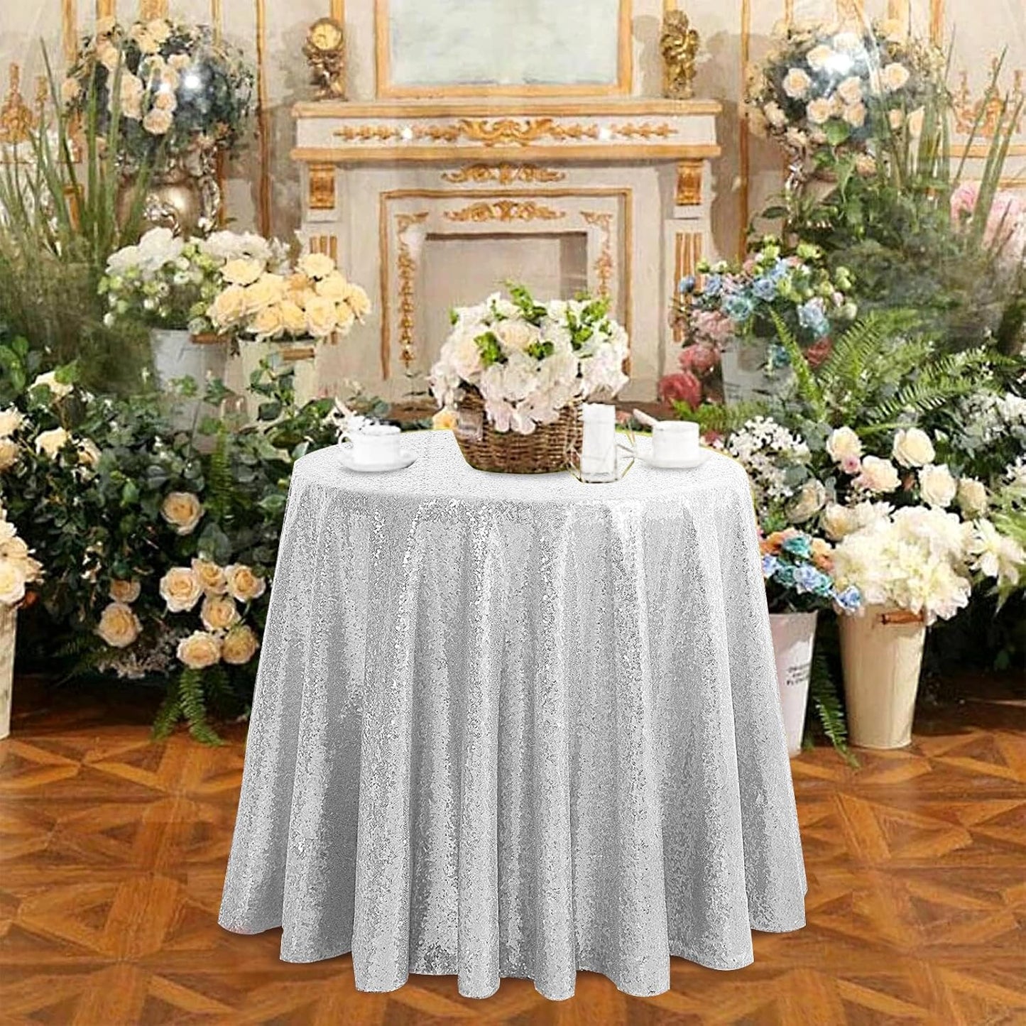 OQSQ Silver 50" Round Sequin Tablecloth, Glitter Tablecloth for Bridal Shower Decorations, Birthday, Wedding, Dessert, Banquet（50X50 inch Round,Silver.