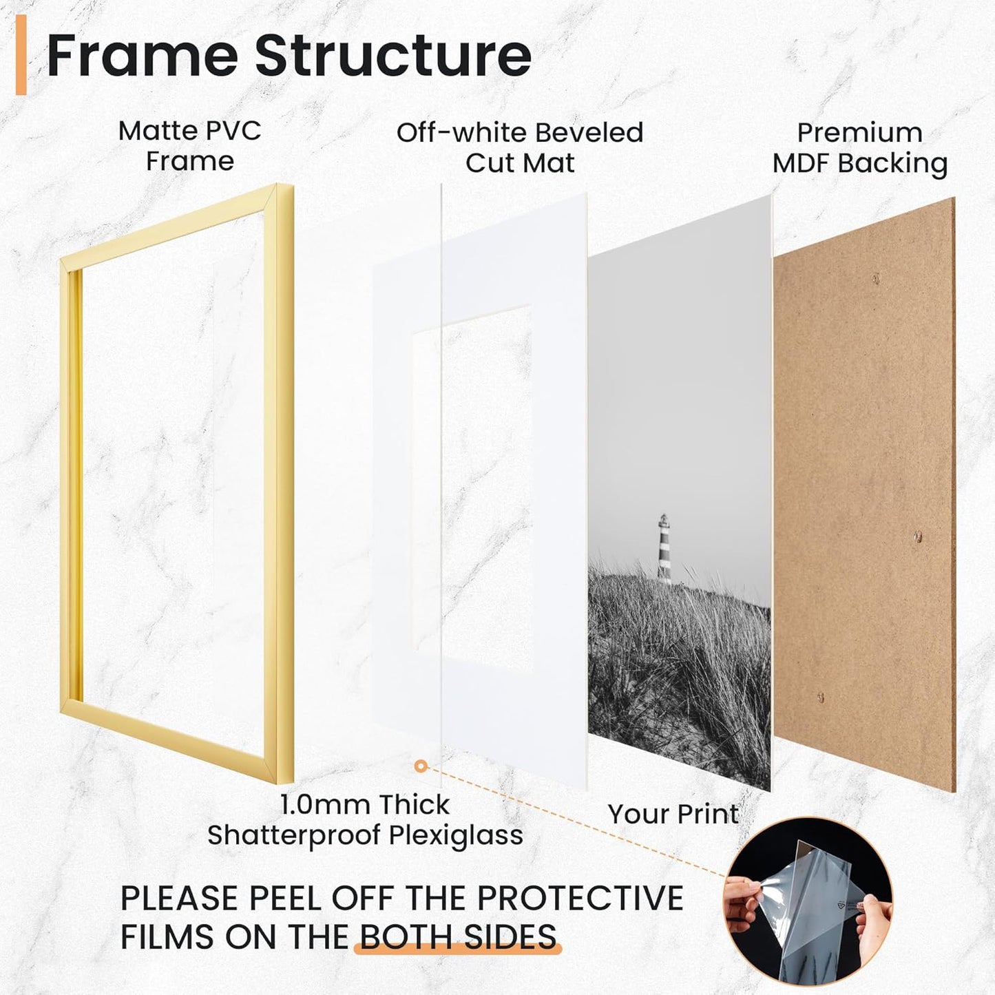 12x16 inch Picture Frame, 12x16 Photo Frames with 8.5x11 Removable Mat - High Definition Plexiglass - Vertical and Horizontal Display - Wall Hanging Frame - Gold, 5 Pack
