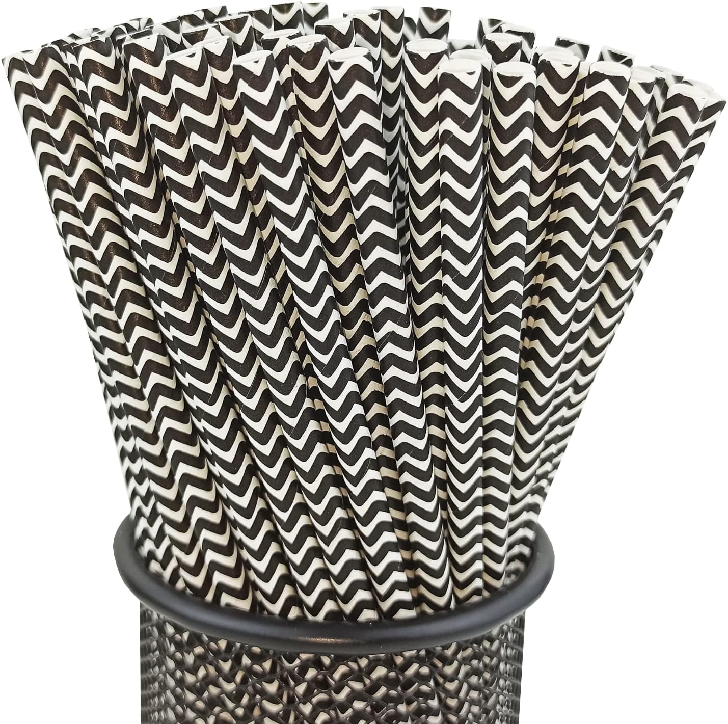 YAOSHENG Premium Disposable Waves Striped Drinking Paper Straws, Pack 100 Black Waves Paper Straws for Cocktail Party Supplies,Birthday,Bridal/Baby Shower,Juice,Shakes (Black Waves)