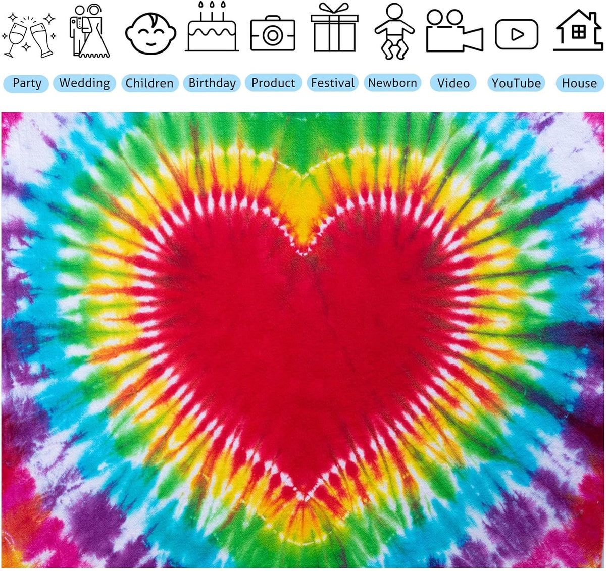 Hippie Backdrop 12x10ft 60s 70s Backgrounds Tie Dye Theme Party Decorations Hippie Supplies Photo Booth Props