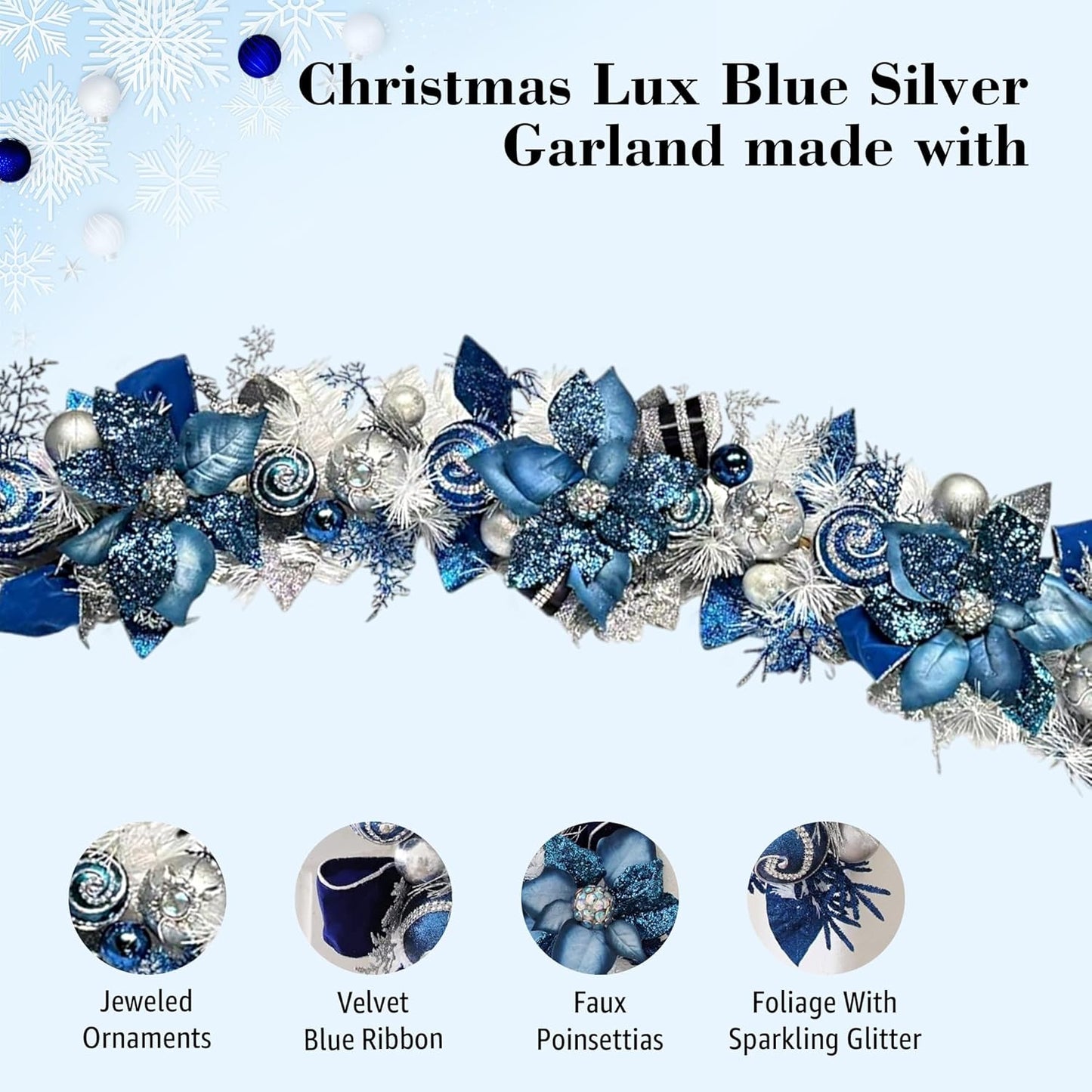 5 ft Christmas Garland for Mantle Unlit Garland for Stairs Railing, Banister, Staircase, Fireplace, for Table No Light, Garland Decor Frosted Red Poinsettia Holiday Tree (Lux Blue Silver)