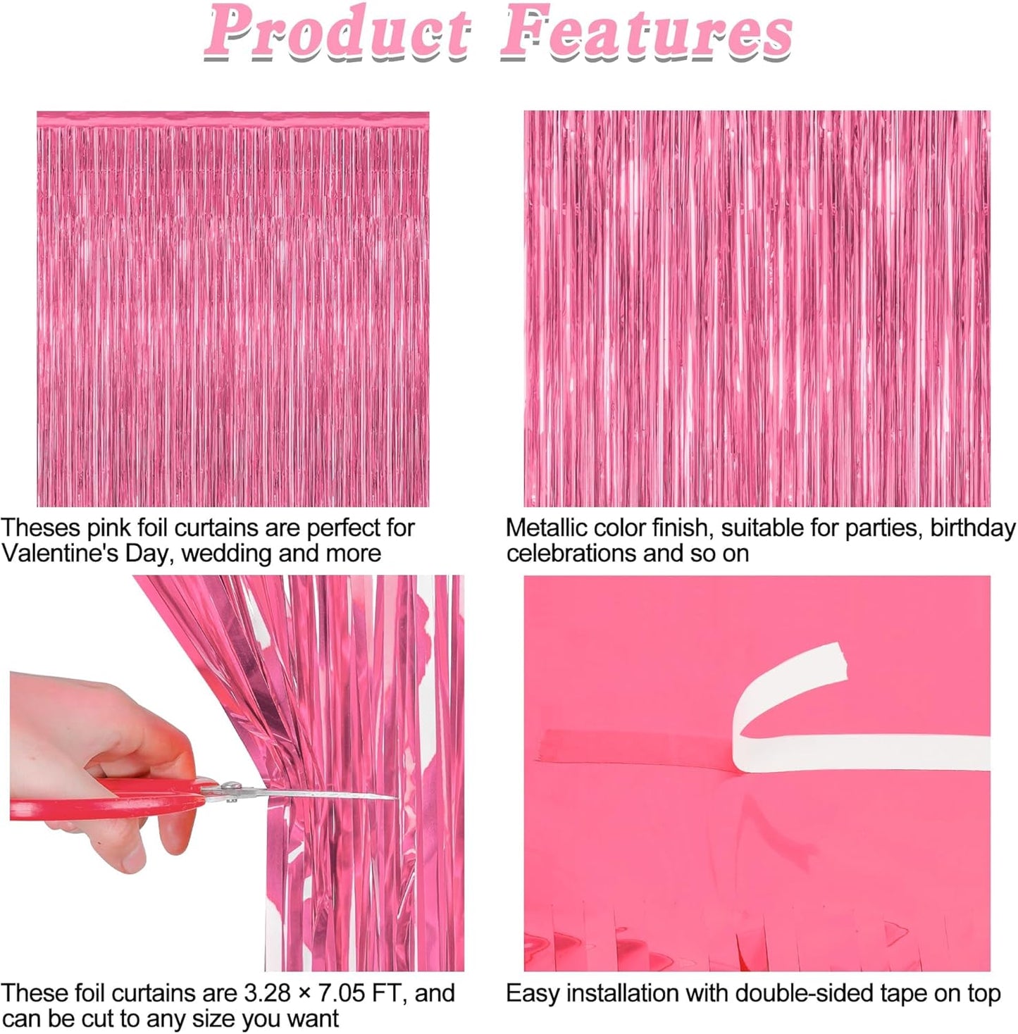 8 Pack Pink Backdrop, 3.28 FT x 7.05 FT Pink Birthday Decorations, Metallic Pink Backdrop for Photoshoot Foil Curtains Party Streamer, Bachelorette Decorations Birthday Photo Booth Props