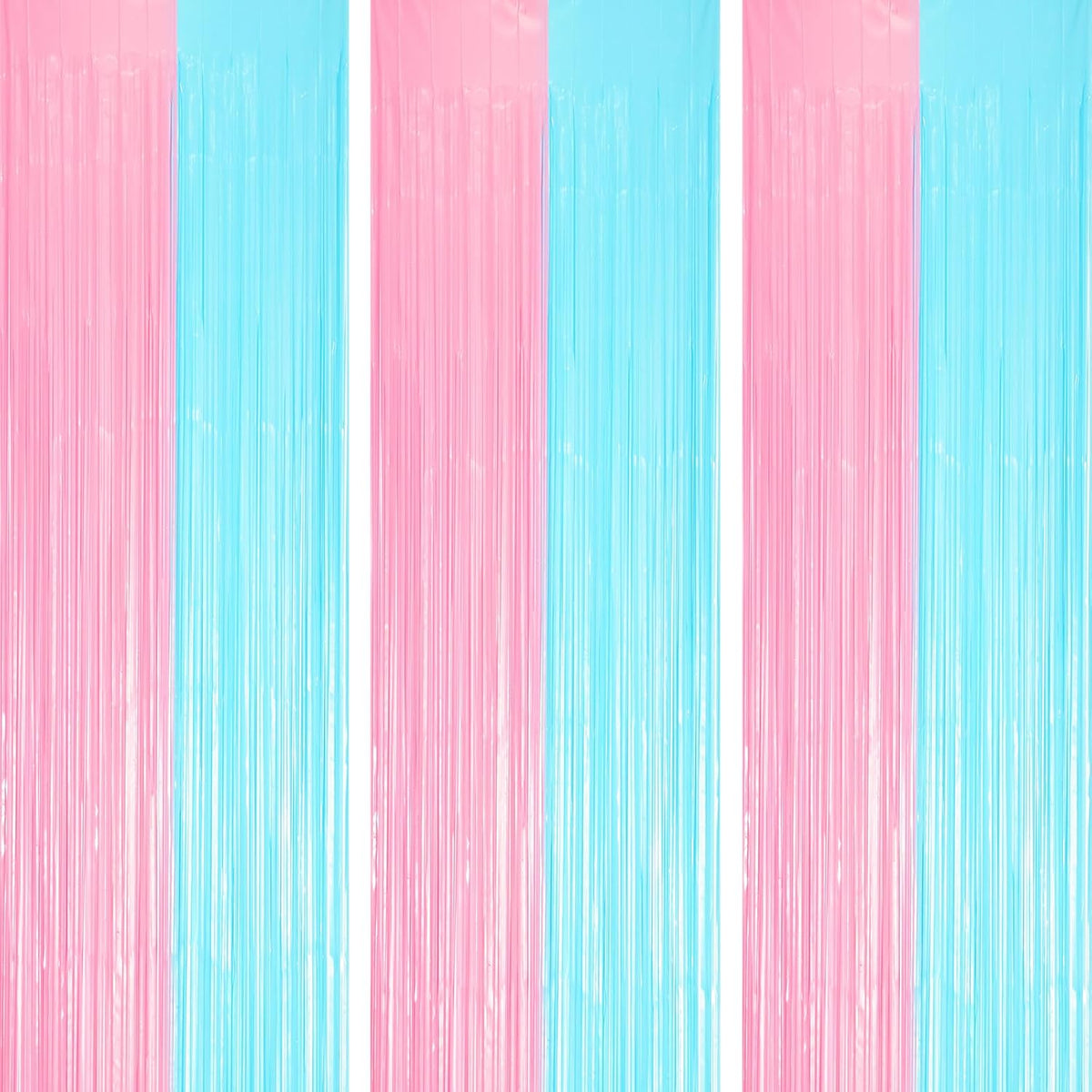 3 Pack 3.3 x 8.2 ft Pastel Blue and Pink Foil Fringe Backdrop Curtains, Tinsel Streamers Party Decorations, Fringe Backdrop for Grender Reveal, Baby Shower, Birthday Party