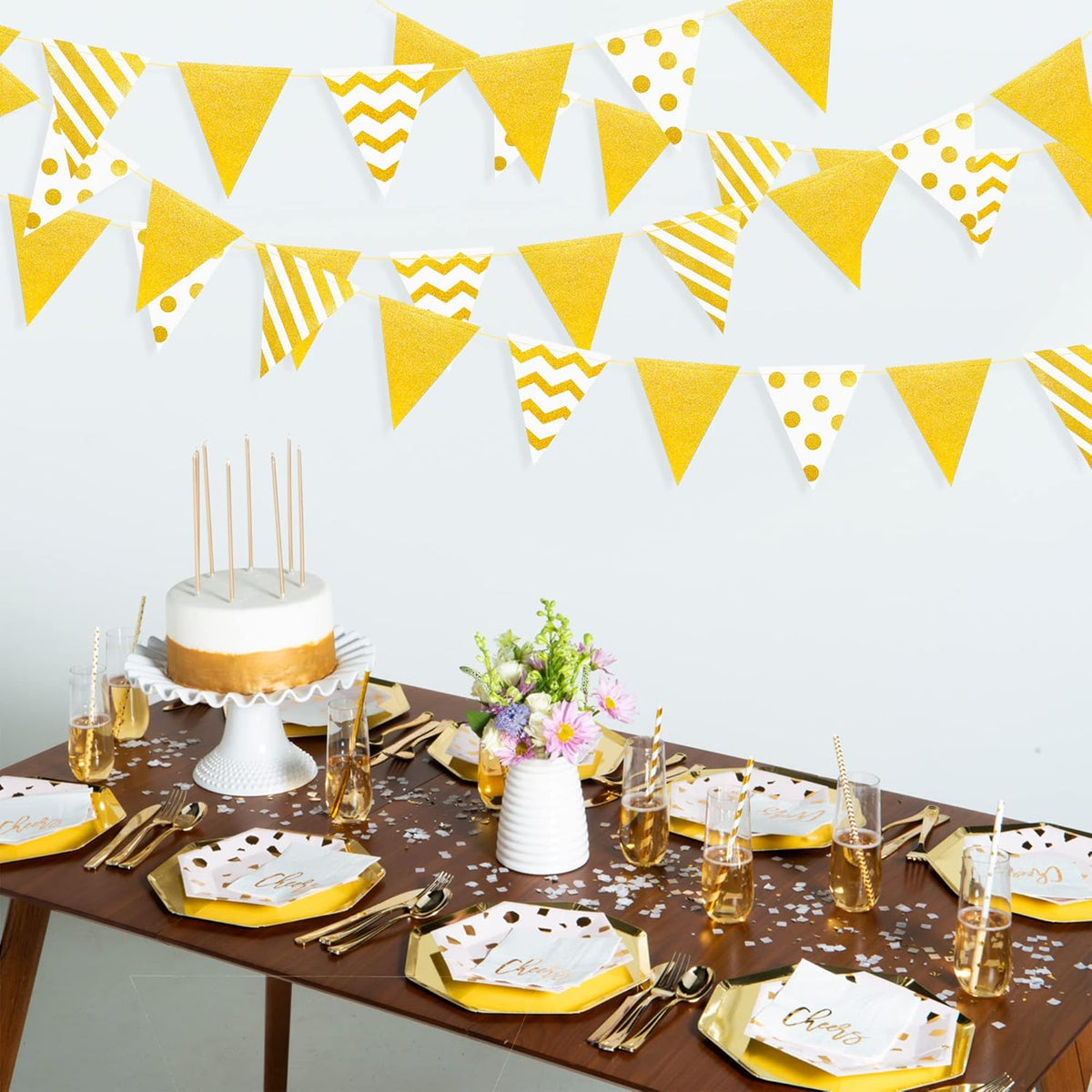 39Ft White and Gold Party Decorations Polka Dot Stripe Triangle Pennant Banner Glitter Foil Paper Flag Bunting Garland for Birthday Graduation Anniversary Wedding Bridal Baby Shower Hen Party Supplies