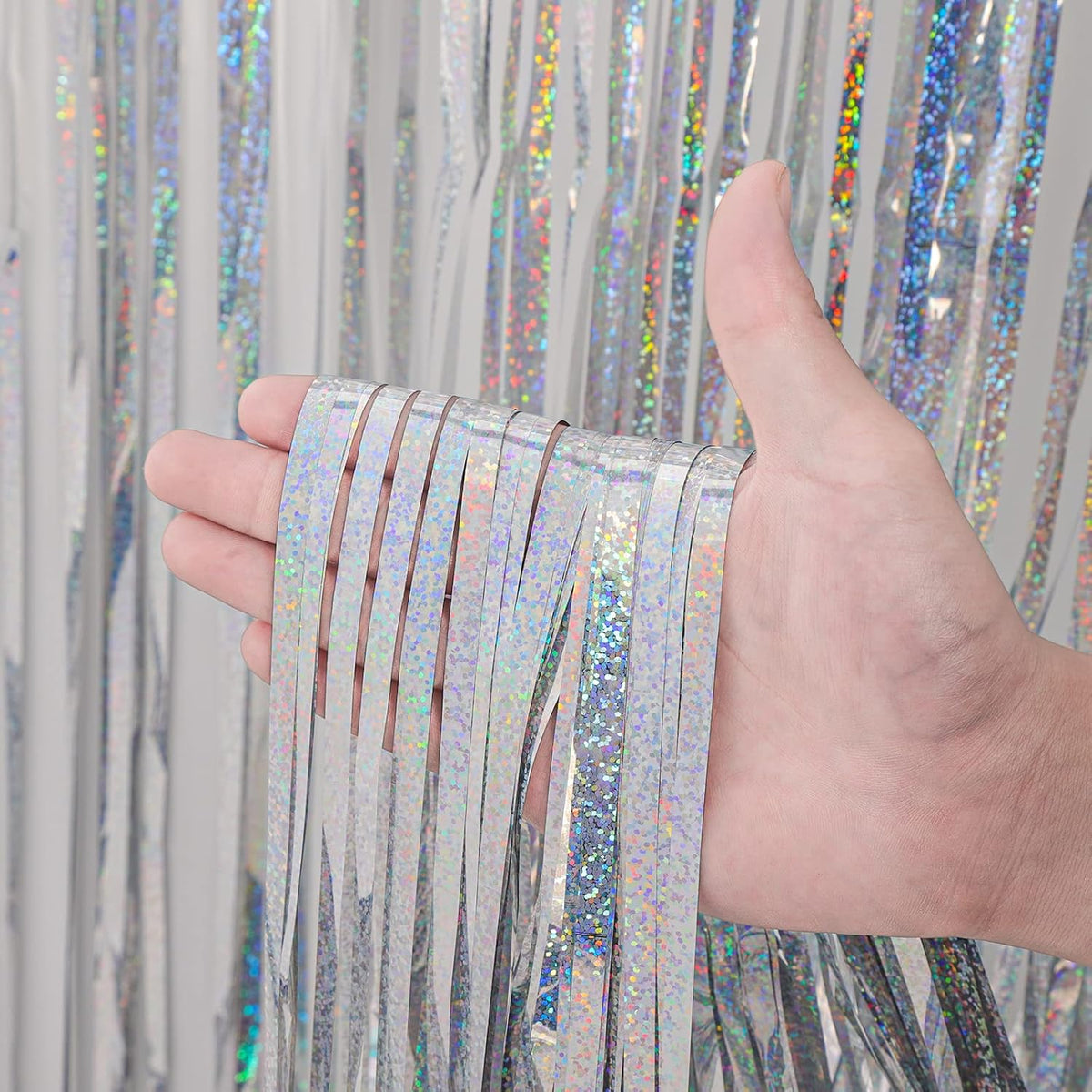 2 Pack Laser Silver Foil Fringe Backdrop Curtains, Tinsel Streamers Birthday Party Decorations, Fringe Backdrop for Graduation, Baby Shower, Gender Reveal, Disco Party