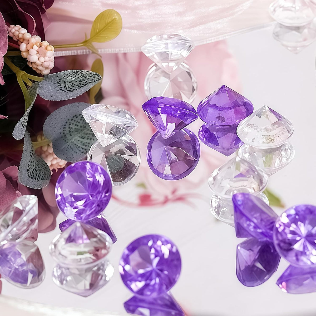 Acrylic Diamond Fake Gems Vase Filler, Babenest 240pcs 3/4 Inch Faux Diamonds Crystals Jewels for Table Scatters Wedding Party Event Arts & Crafts Birthday Decoration (240, Purple/Clear)