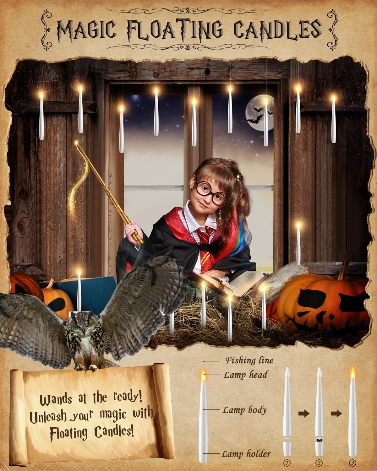 Floating Candles with Wand - 12 Pack Halloween Decorations Magic Flameless Candles Flickering Warm Light LED Hanging Candle Remote, Battery Operated Candles for Christmas Outdoor Indoor Party Decor