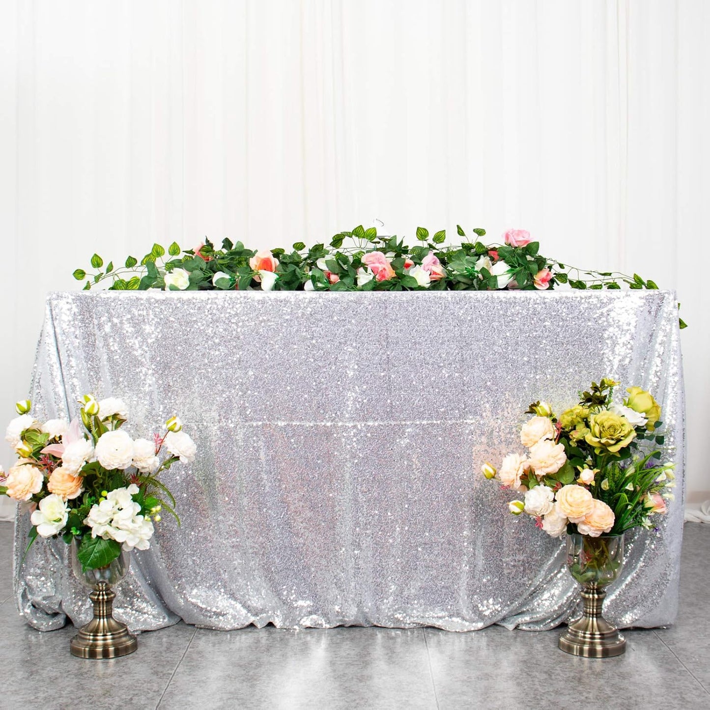 ShinyBeauty 2 Pack 72x72 Inch Silver Sequin Tablecloths - Elegant Square Glitter Tablecloth for Wedding, Birthday, and Party Decorations