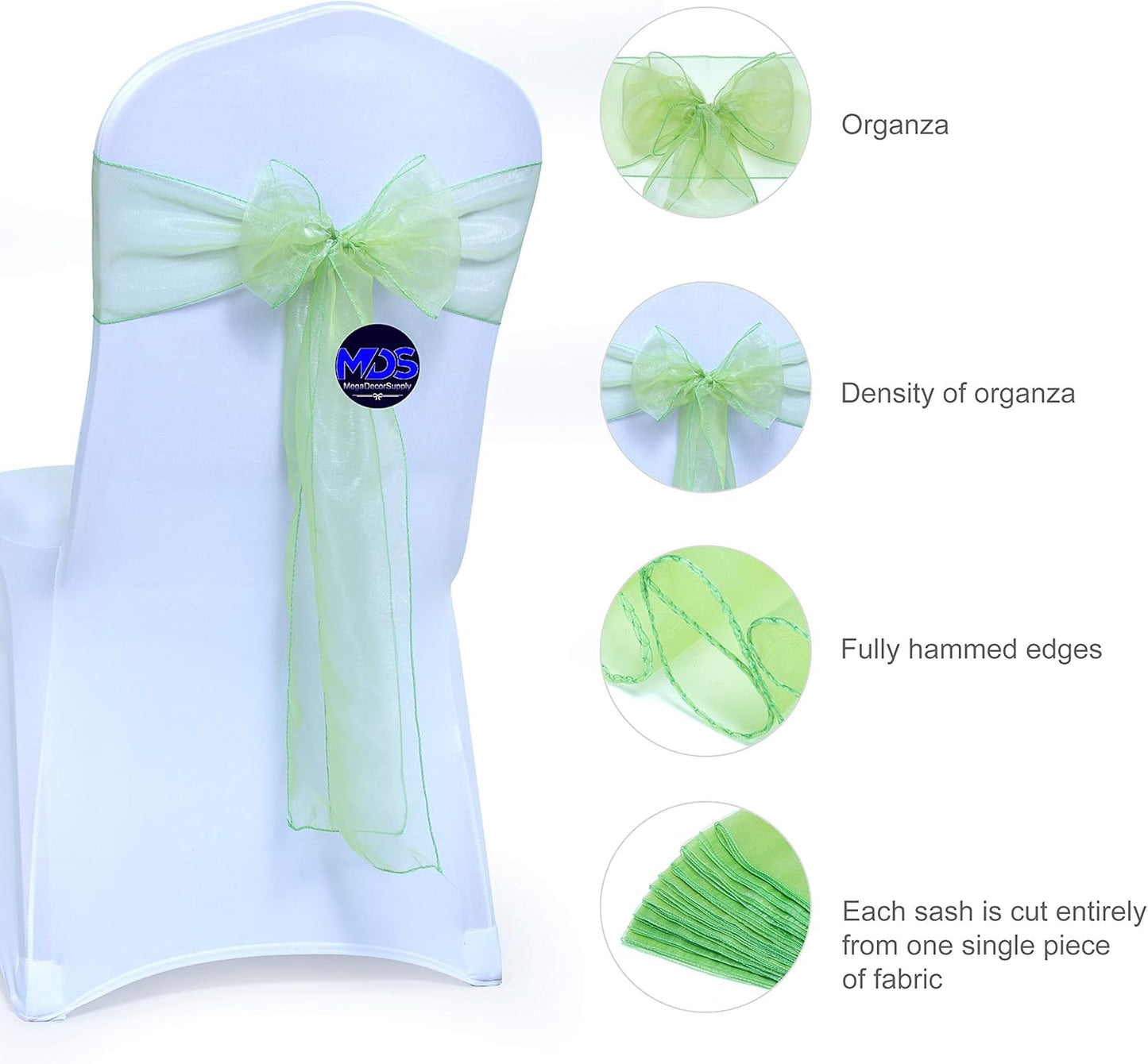 MDS Pack of 50 PCS Organza Chair Sashes Wider Dining Chair Bows Ribbon Tie Back for Wedding Party Birthday Bridal Shower Reception Event Banquet Home Chair Cover Decoration - Apple Green