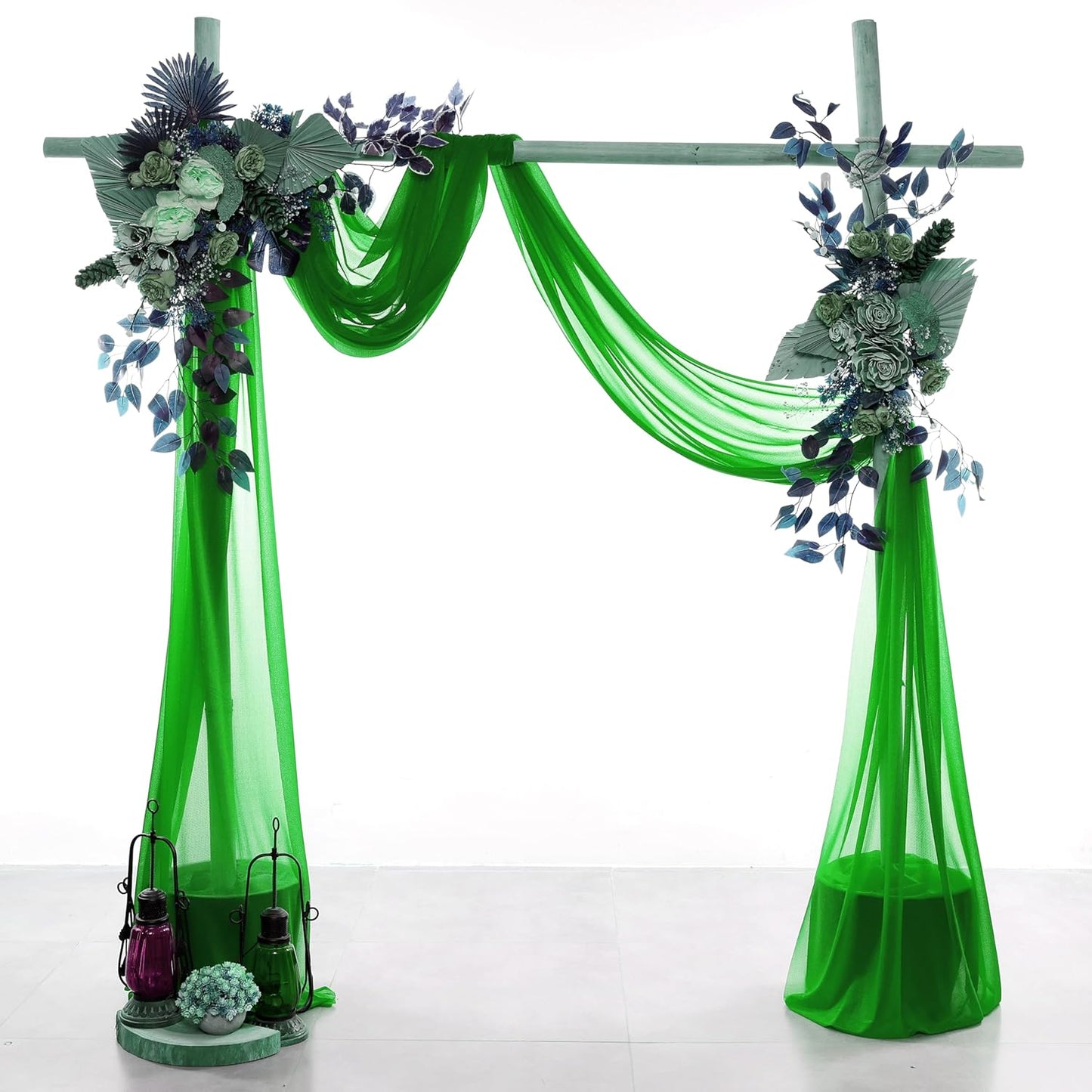 VDS Pack of 2 Panel (30 Inch X 100 Feet) Wedding Arch Draping Fabric Sheer Chiffon Fabric Drapery for Wedding Ceremony Reception Swag Backdrop Canopy Chuppah ARBO Altars Decoration (Green)