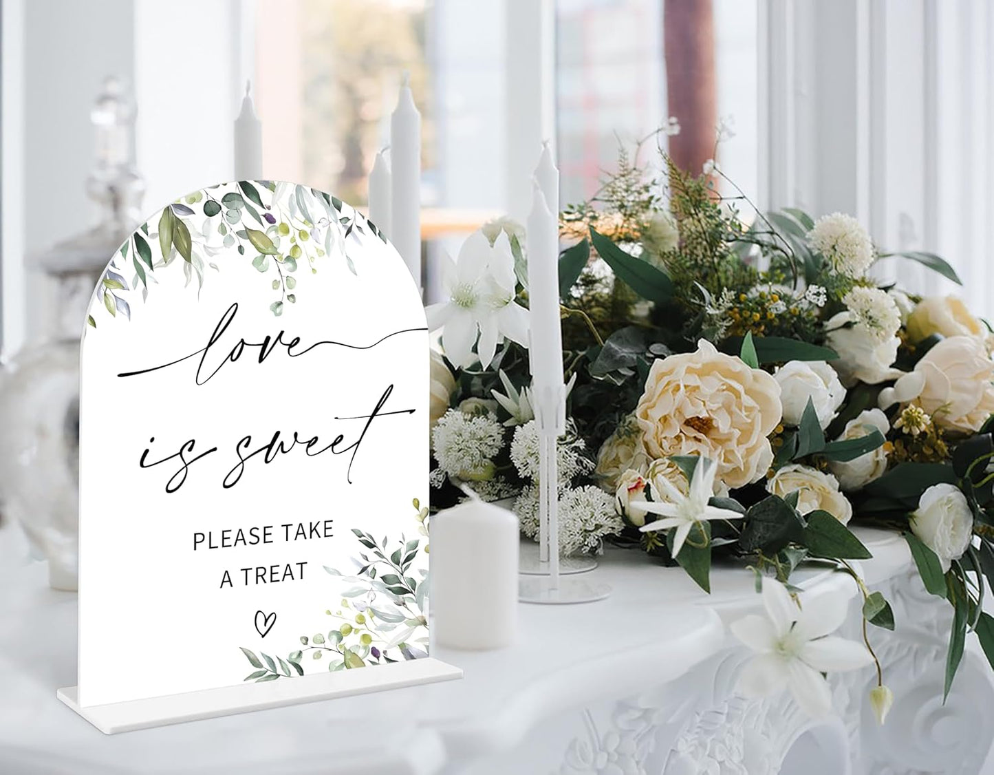 Greenery Love is Sweet Sign, 6 x 8 Inch White Arch Acrylic Wedding Sign with Holder, Wedding Sign for Ceremony and Reception, Wedding Decoration, Wedding Supplies - LY07