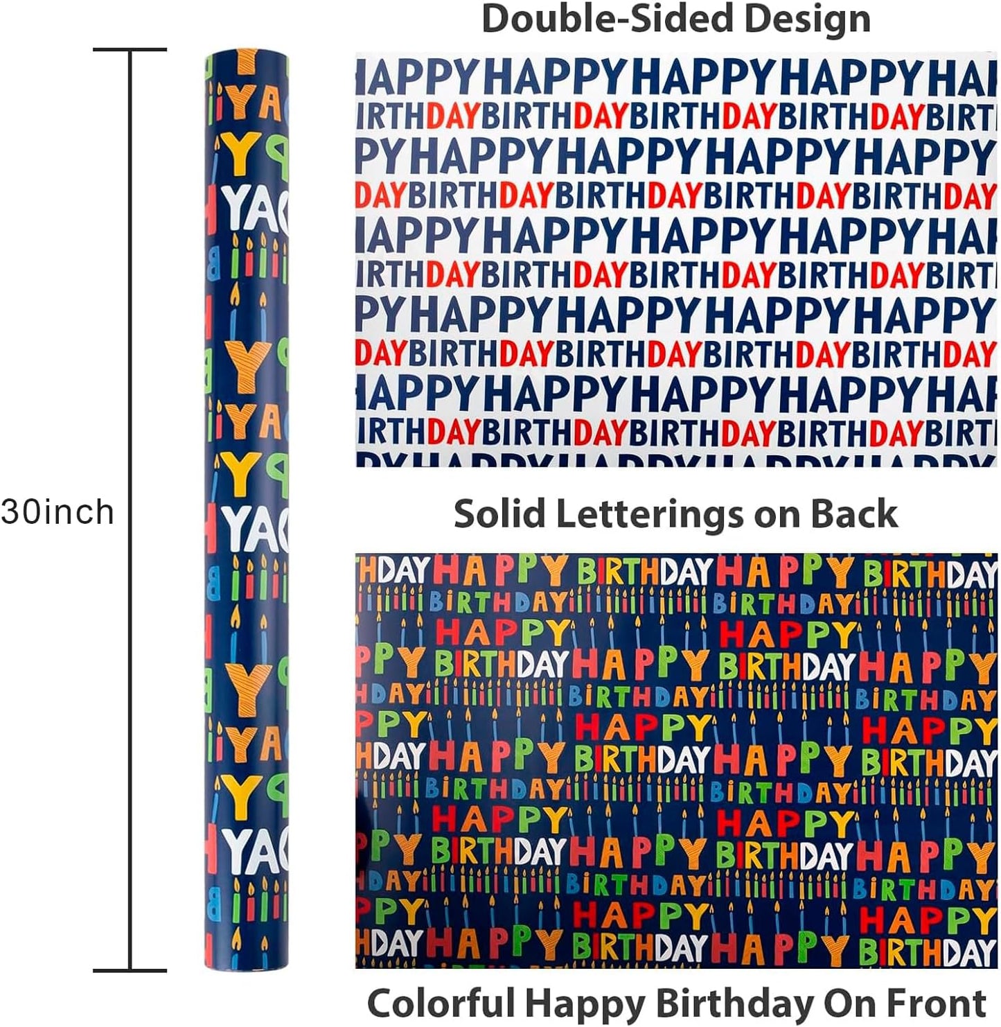 Birthday Wrapping Paper Roll - 30 Inch X 33 Feet - Reversible Metallic Foil Navy Blue Party Hat Theme Boy Gift Wrap Paper Blue Polka Dot Men Present Sheet for Kid Birthday, Party, Holiday, Celebration