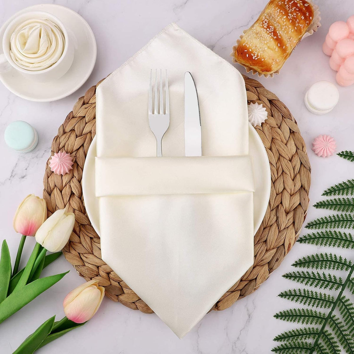 Aneco 12 Pieces Satin Napkin Square 20 x 20 Inches Dinner Napkins Weddings Party Napkin Soft Table Napkins for Romantic Weddings Party Dinner Decoration (Ivory)
