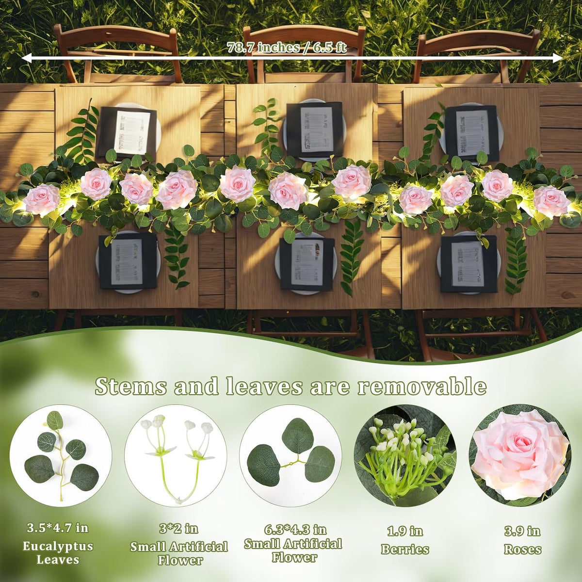MACTING 4 Pack 26.4FT Eucalyptus Garland with Lights - Spring Gypsophila Flower Garlands with 48 Pink Roses Artificial Floral Greenery Vines for Arch Table Centerpieces Backdrop Party Wedding Decor