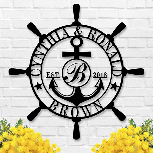 Customized Family Name Sign, Nautical Wall Decor, Anchor Compass Metal Sign, Initial Split Letter Monogram Sign, Last Name signs, Personalized Housewarming Gift