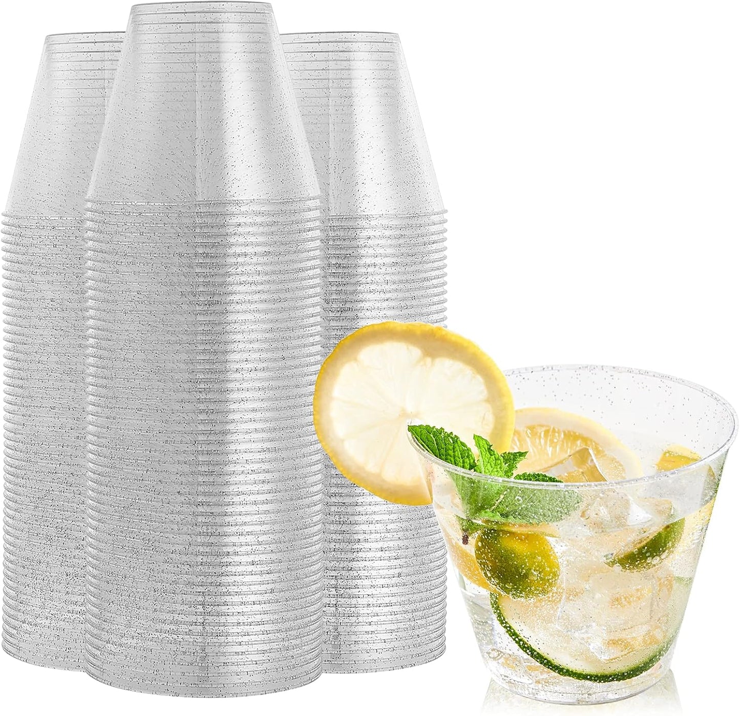 FOCUSLINE 9 oz Silver Plastic Cups, Disposable Clear Fancy Hard Plastic Cups, Silver Glitter, Heavy Duty, Reusable,100 Count