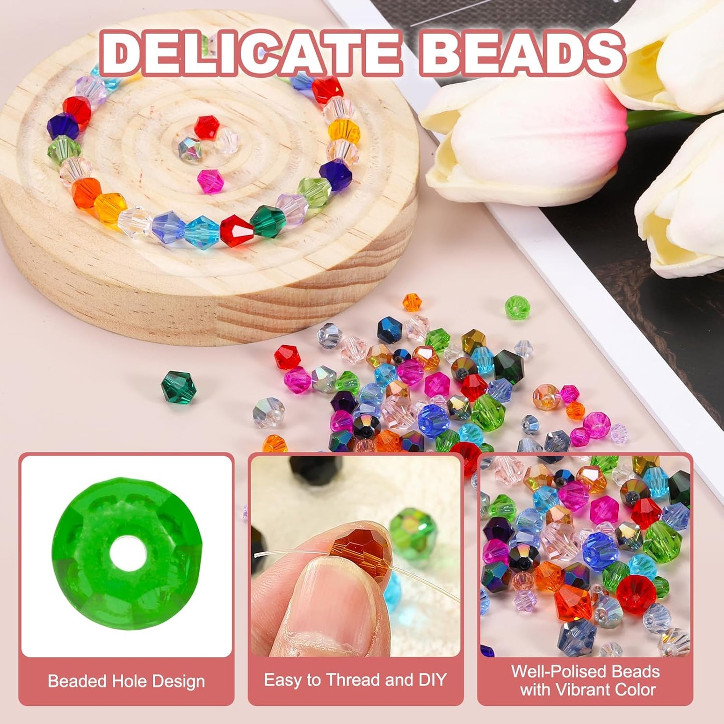 PATIKIL 1000pcs 4mm Bicone Glass Crystal Beads, Faceted Glass Spacer Beads with Box for Jewelry Making Bracelet Necklace Earrings DIY Suncatcher Craft, Grass Green